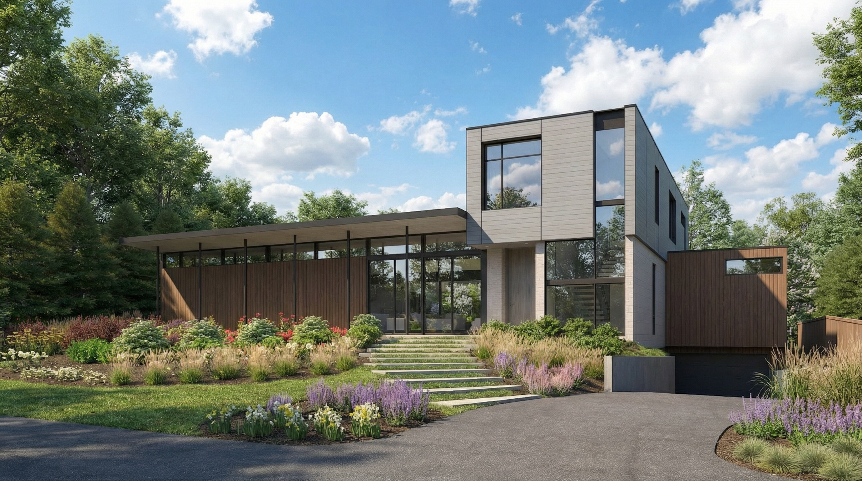 This modern, multi-level architectural home features a striking combination of dark wood siding, white brick, and extensive floor-to-ceiling glass. The property is highlighted by a beautifully landscaped front garden with terraced stone stairs leading to the entrance and a sleek integrated garage on the lower level. Its clean lines and sophisticated design offer an impressive, contemporary curb appeal nestled within a lush, wooded environment.