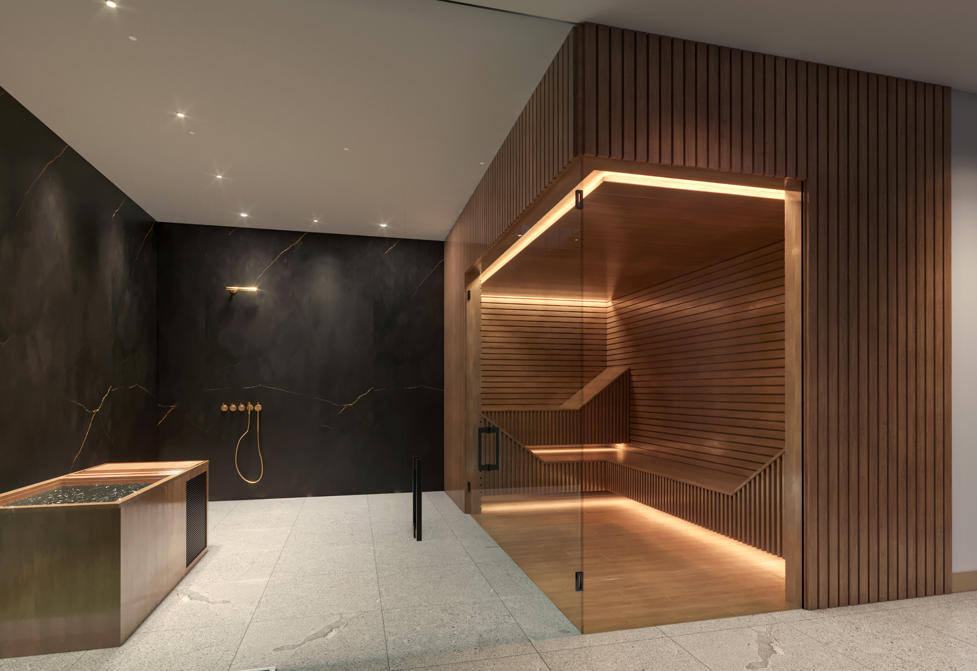 This luxurious spa facility features a sauna with warm wooden slats and integrated accent lighting, enclosed by a clear glass front. The adjacent area includes a sleek, modern soaking tub set against a backdrop of bold, dark marble wall tiles. The design blends organic materials with sophisticated, contemporary finishes to create a serene and high-end wellness environment.
