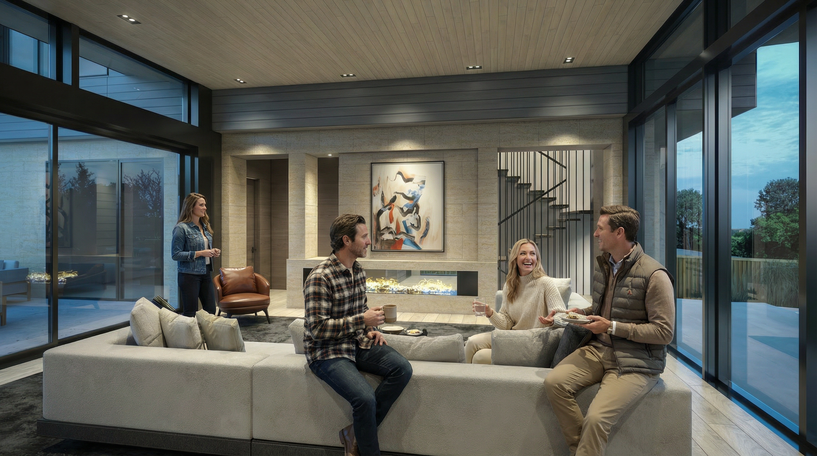 This modern, open-concept living room features a contemporary fireplace, neutral tones, and large floor-to-ceiling windows that provide expansive natural light and views of the outdoors. The space is anchored by a large, comfortable sectional sofa and includes an artistic wall installation, creating a welcoming and sophisticated atmosphere perfect for social gatherings.