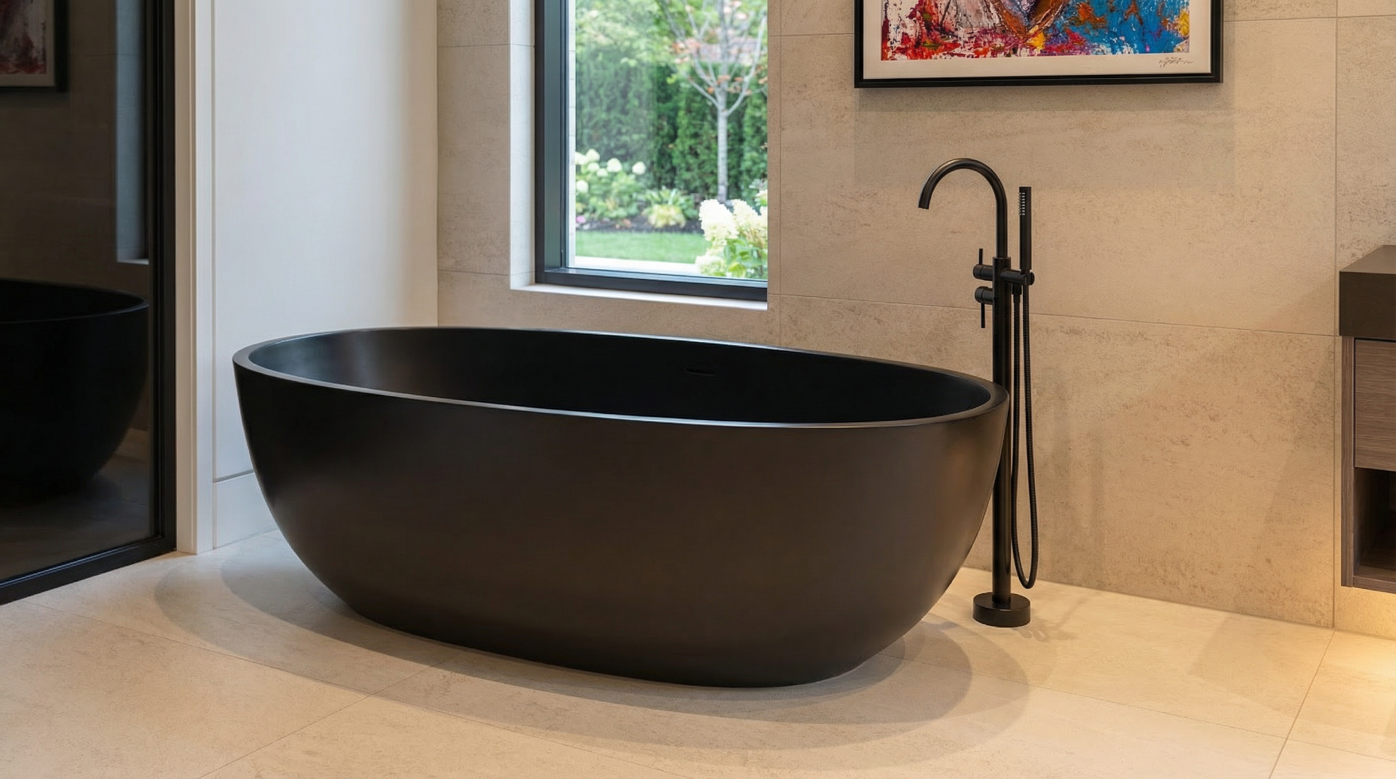 This modern bathroom features a sleek, matte black freestanding soaking tub paired with a matching floor-mounted faucet. The space is highlighted by light-toned, large-format tile walls that provide a clean, minimalist backdrop, while a large window lets in ample natural light. An abstract, vibrant piece of art adds a pop of color, creating a sophisticated and luxurious spa-like retreat.