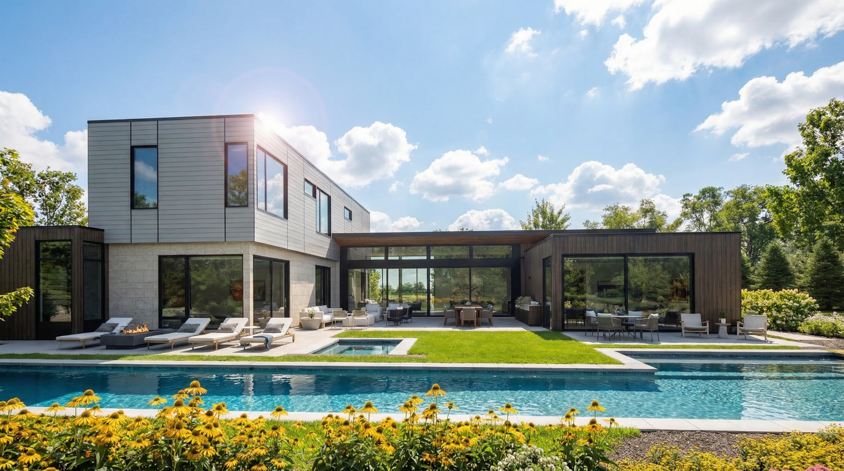 This modern, architectural-style home features a seamless blend of natural stone and wood cladding, emphasizing indoor-outdoor living. The rear exterior boasts an expansive patio, a private swimming pool, and an adjacent hot tub, all surrounded by beautifully landscaped grounds. Floor-to-ceiling glass windows and sliding doors create a sophisticated, open-concept feel, perfectly designed for luxury entertaining.