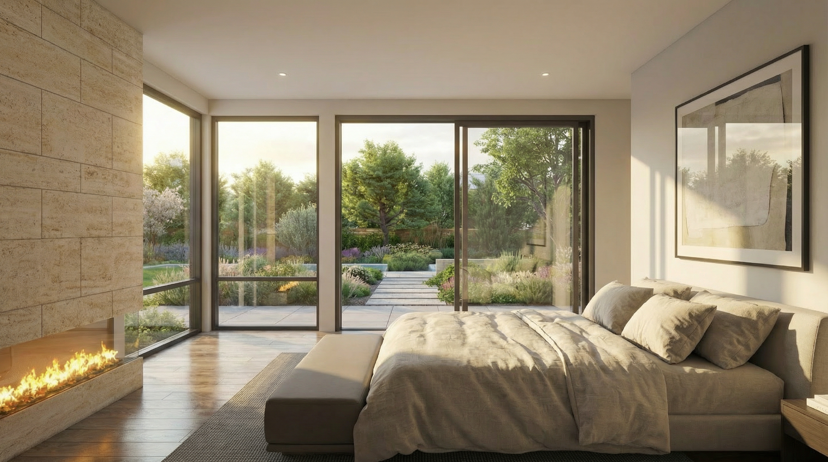 This tranquil primary bedroom features floor-to-ceiling glass sliding doors that seamlessly blend the interior with an expertly landscaped garden. The room is anchored by a contemporary fireplace set into a natural stone wall and a plush, neutral-toned bedding arrangement. With warm, ambient lighting and high-end finishes, the space offers a luxurious, serene atmosphere perfect for relaxation.