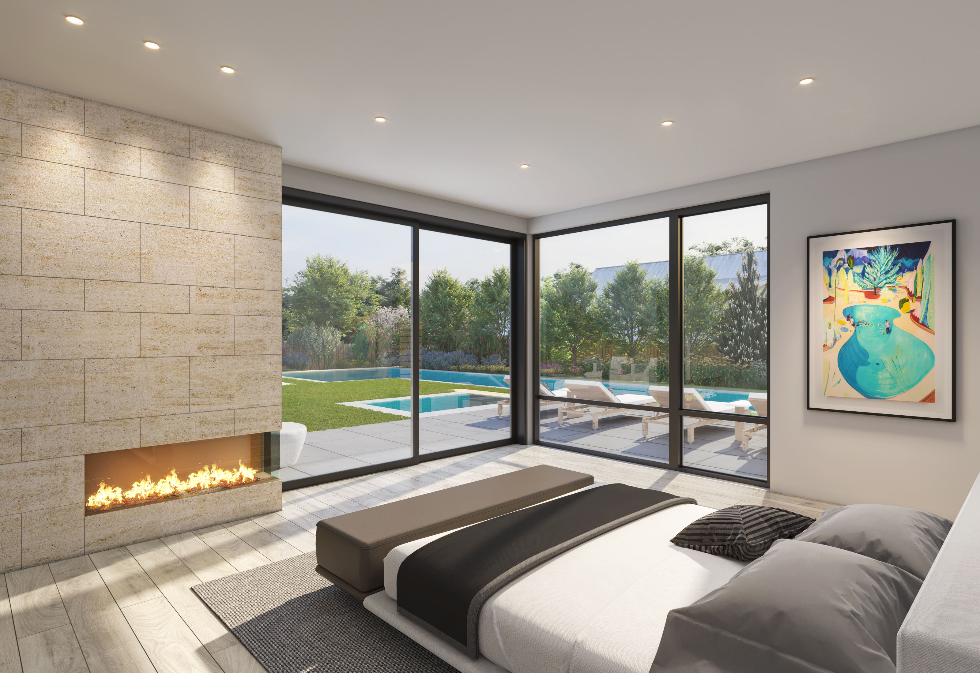 This luxurious primary bedroom features a modern, linear fireplace built into a prominent stone feature wall. Floor-to-ceiling glass sliding doors provide seamless indoor-outdoor living, showcasing a serene view of the patio, swimming pool, and lush garden. The room is elegantly appointed with contemporary furnishings and sophisticated lighting, creating a tranquil and high-end atmosphere.
