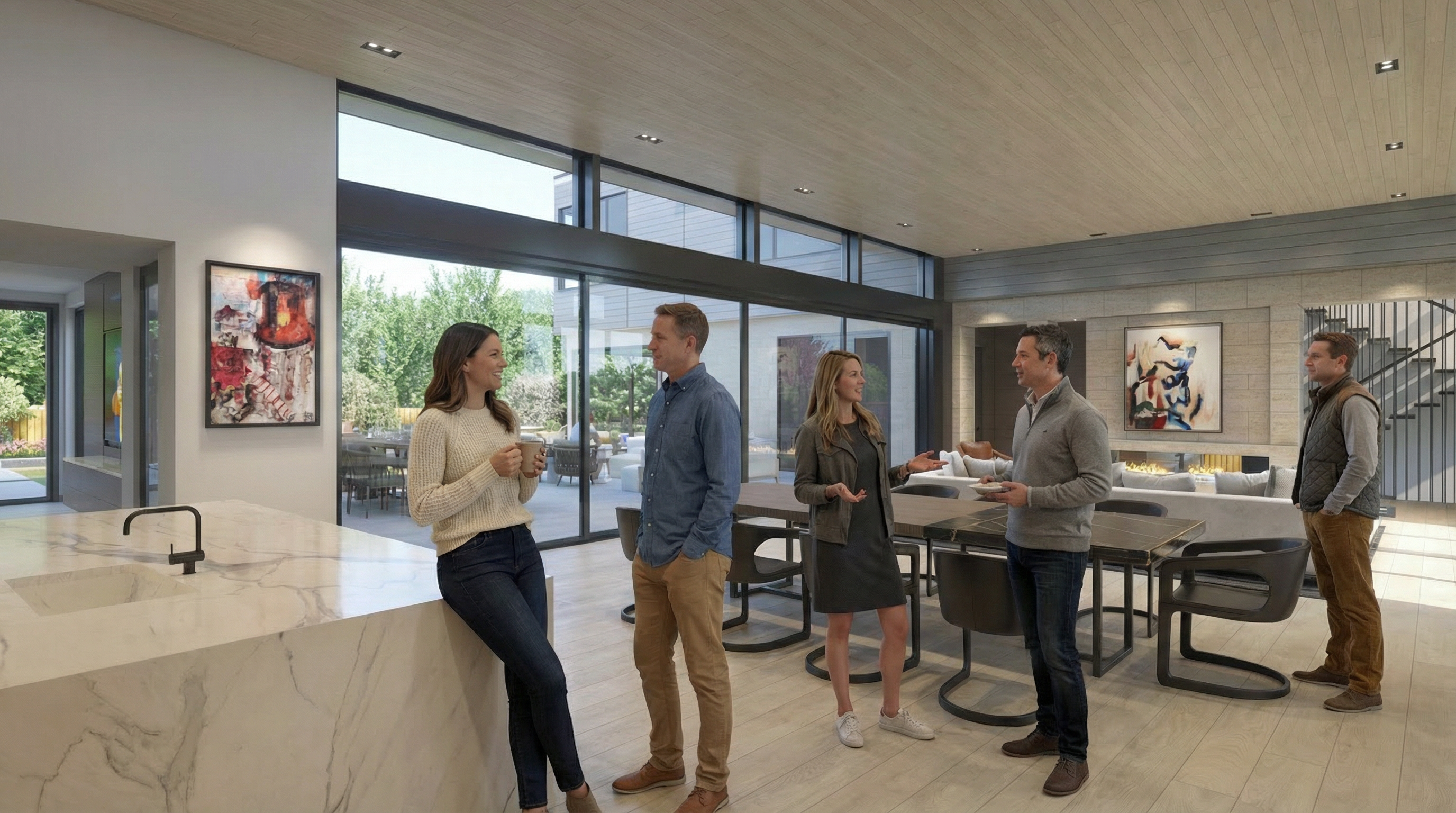 This contemporary open-concept space features a large white marble island with a sleek kitchen fixture, serving as a social focal point for the room. Large floor-to-ceiling windows provide abundant natural light and seamless views of the outdoor patio, while the neutral color palette and clean lines create an inviting, airy atmosphere ideal for entertaining.
