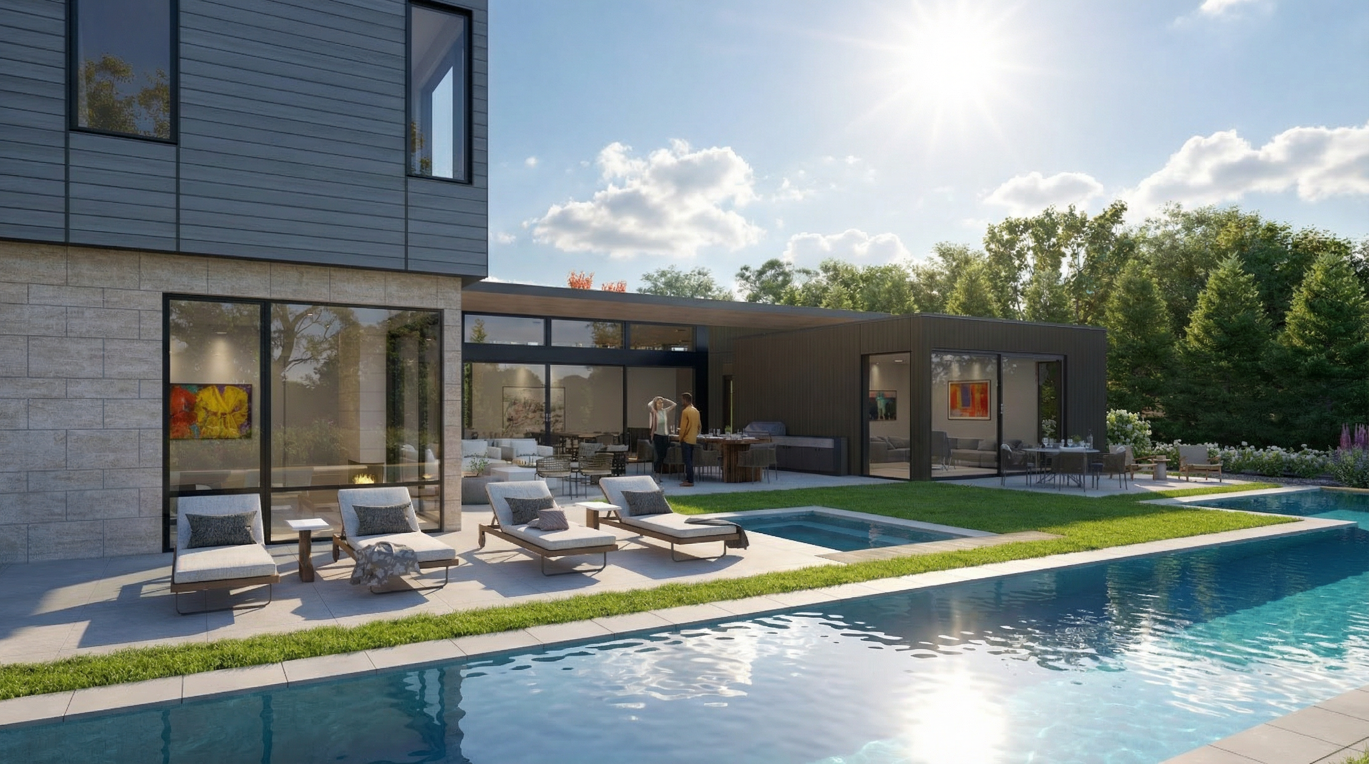 This stunning contemporary residence features a sophisticated indoor-outdoor living design, seamlessly integrated with a rectangular pool and a private hot tub. The expansive patio area provides ample space for lounge chairs and outdoor dining, set against a backdrop of lush greenery and sleek architectural siding. The modern aesthetic and open layout make this property an ideal setting for resort-style relaxation and upscale entertaining.