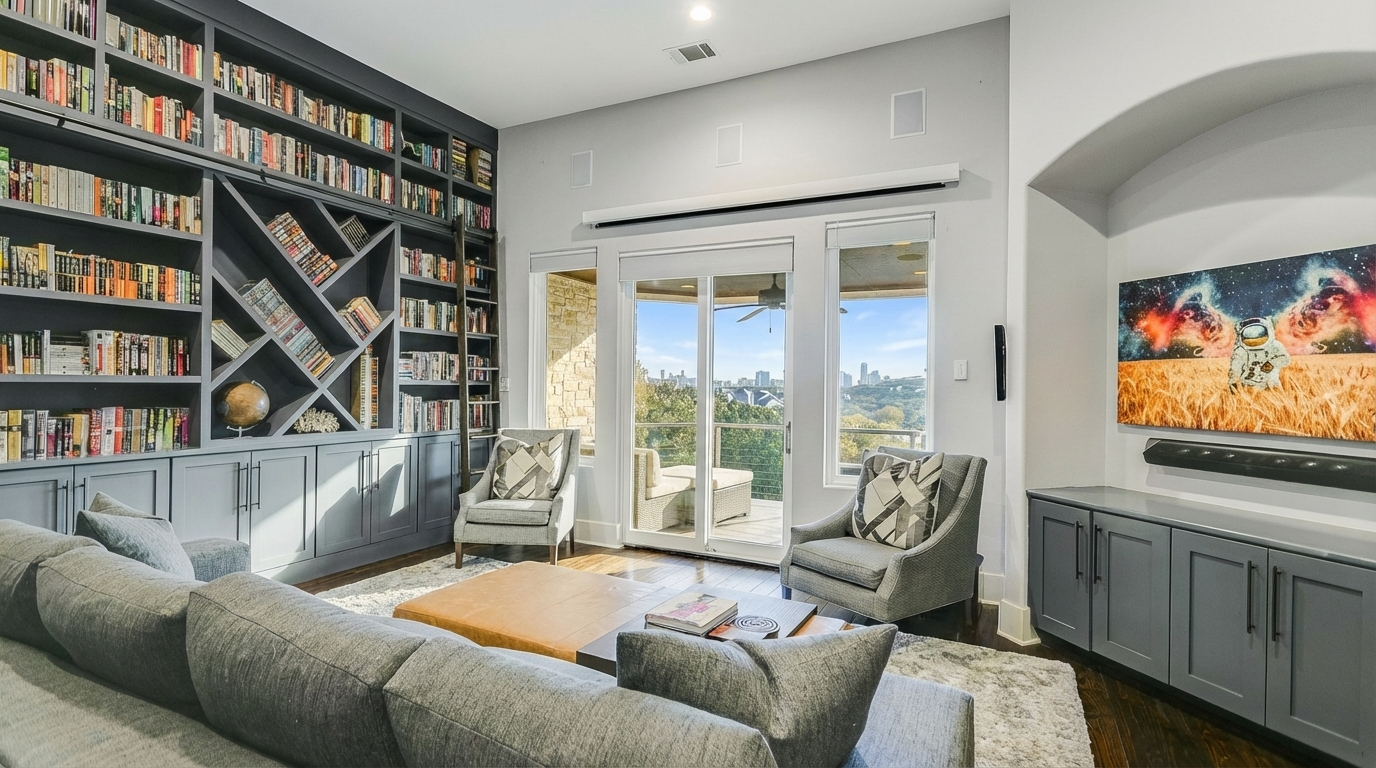 This inviting living room features a floor-to-ceiling built-in bookcase, creating a sophisticated focal point. The gray sofa and armchairs offer comfortable seating, while a large window provides natural light and a view of the city skyline. An entertainment console with a mounted television adds a modern touch to the space.