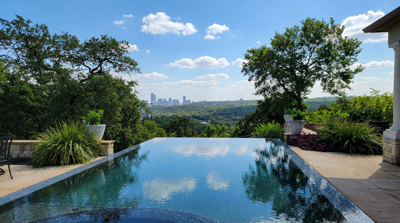 This image showcases a luxurious infinity pool with an amazing view of the city skyline. The pool is surrounded by lush greenery and a well-maintained patio area. The serene atmosphere, coupled with the stunning view, makes this property an attractive location for relaxation and entertainment.