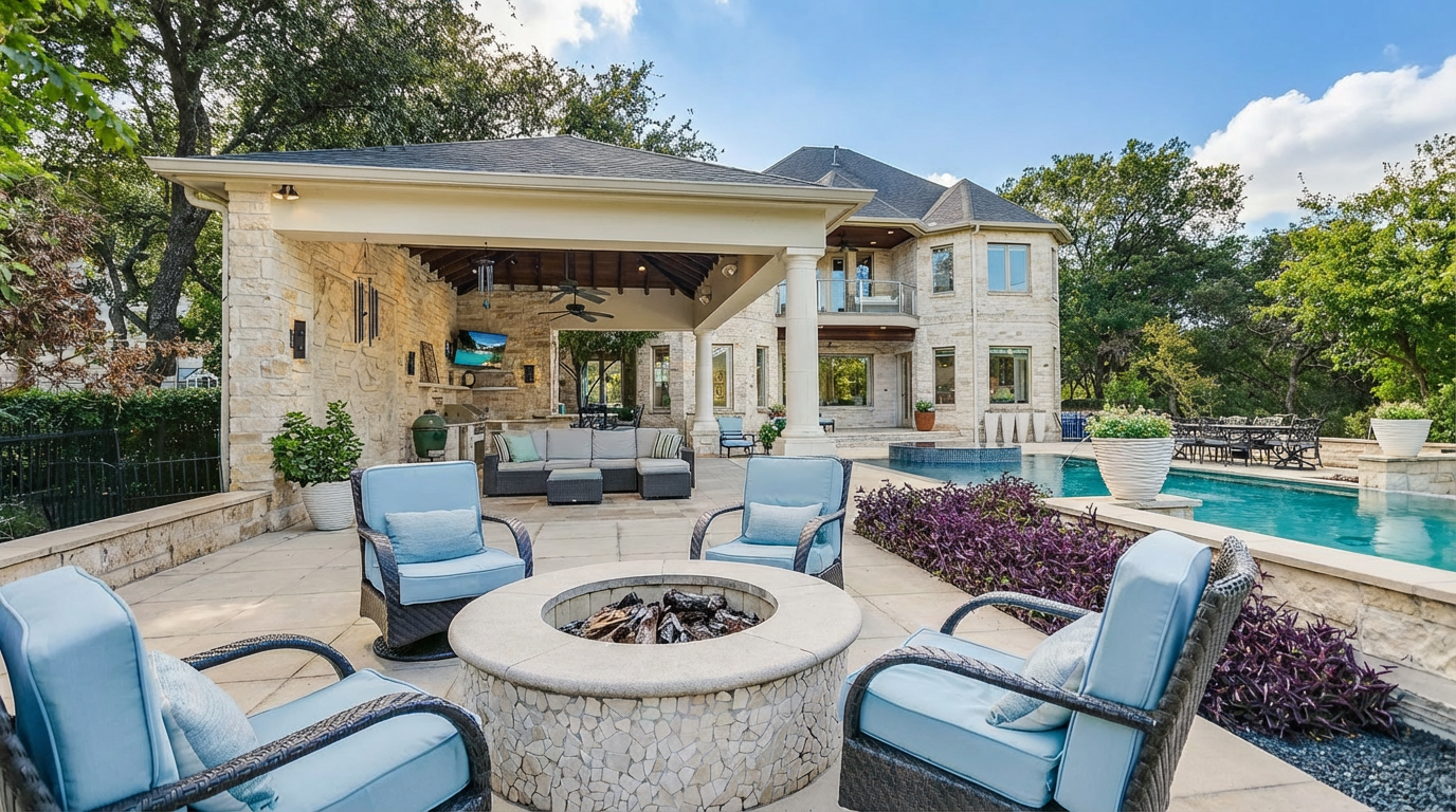 This image showcases an elegant outdoor living space featuring a stone patio with comfortable seating around a fire pit. The area is partially covered with a supported structure and integrates a kitchen area, enhanced by a nearby pool with landscaping. The overall design exudes luxury and comfort, perfect for outdoor entertaining.