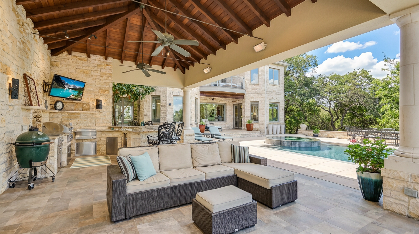 This image showcases an elegant outdoor patio area, perfect for entertaining. The space features comfortable wicker furniture, an outdoor kitchen with built-in appliances, and a stone fireplace area with a mounted TV. A nearby swimming pool and meticulously landscaped garden add to the property's appeal.