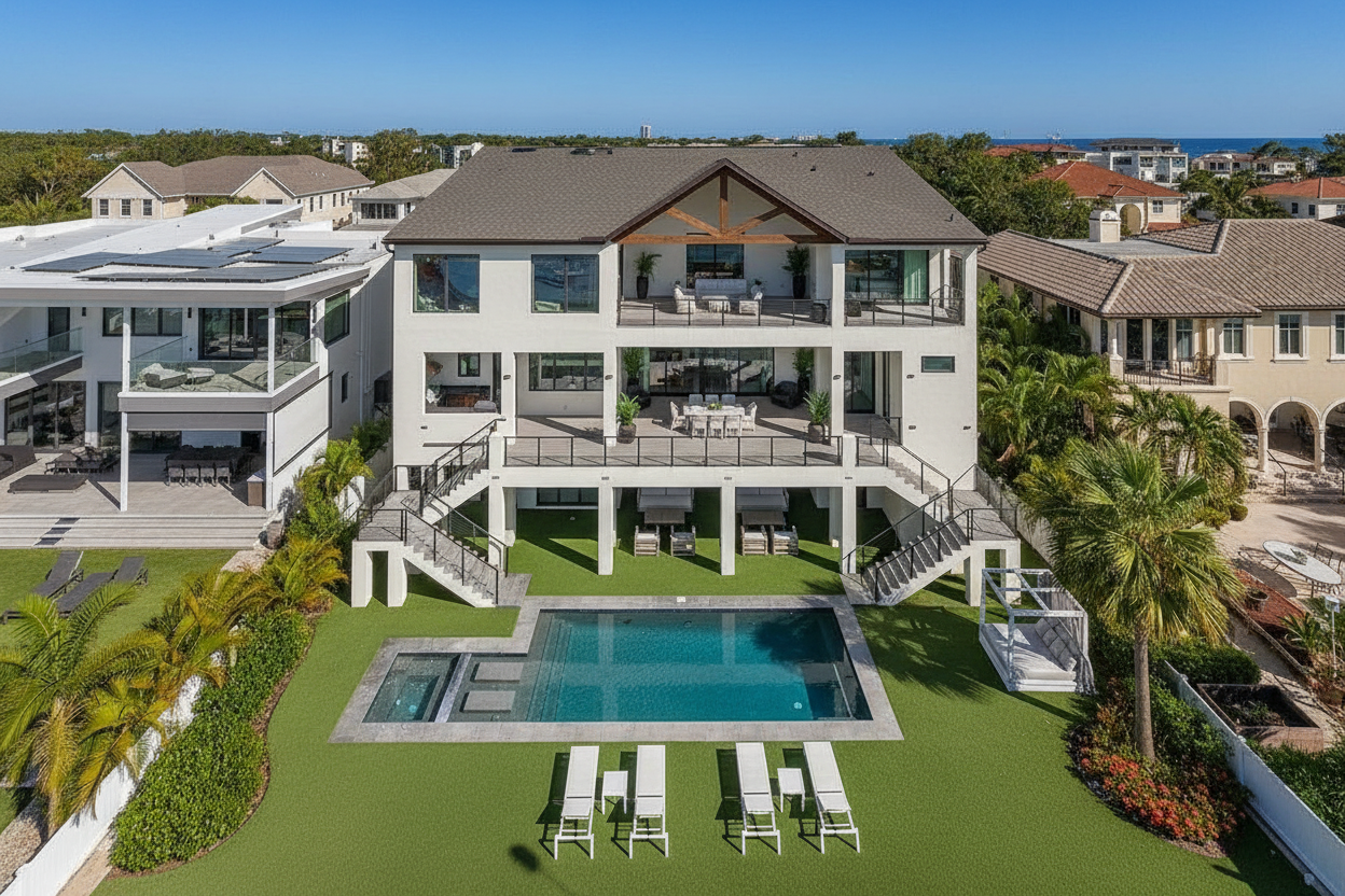 This is an aerial view of the rear of a luxurious multi-story home. The property features a swimming pool, spa, and several outdoor living spaces, including multiple balconies and seating areas. The landscaping is meticulously maintained with green lawns and palm trees, creating a resort-like ambiance.