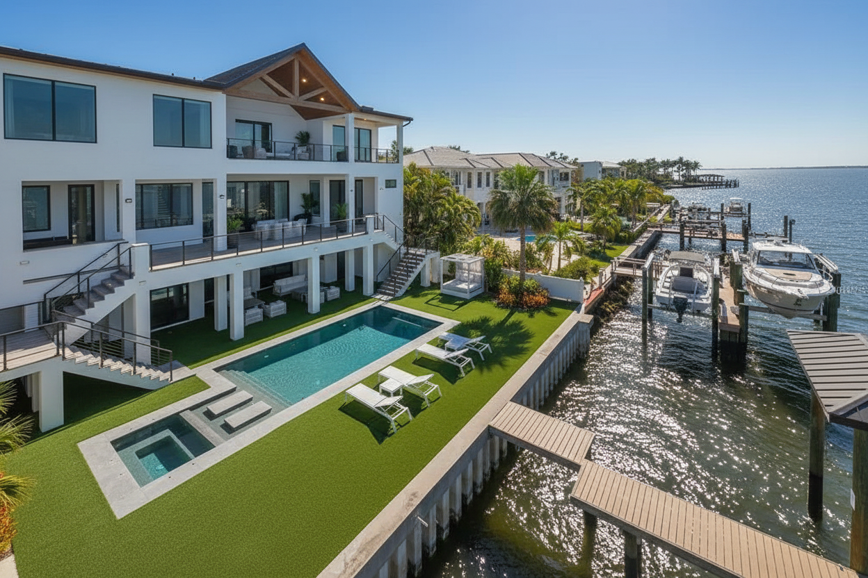 This aerial view showcases a luxurious waterfront home with a modern design. The property boasts a swimming pool, spa, and private dock with boat lifts, providing direct access to the water. Lush landscaping and outdoor lounging areas enhance the property's appeal, creating an inviting retreat for relaxation and entertainment.