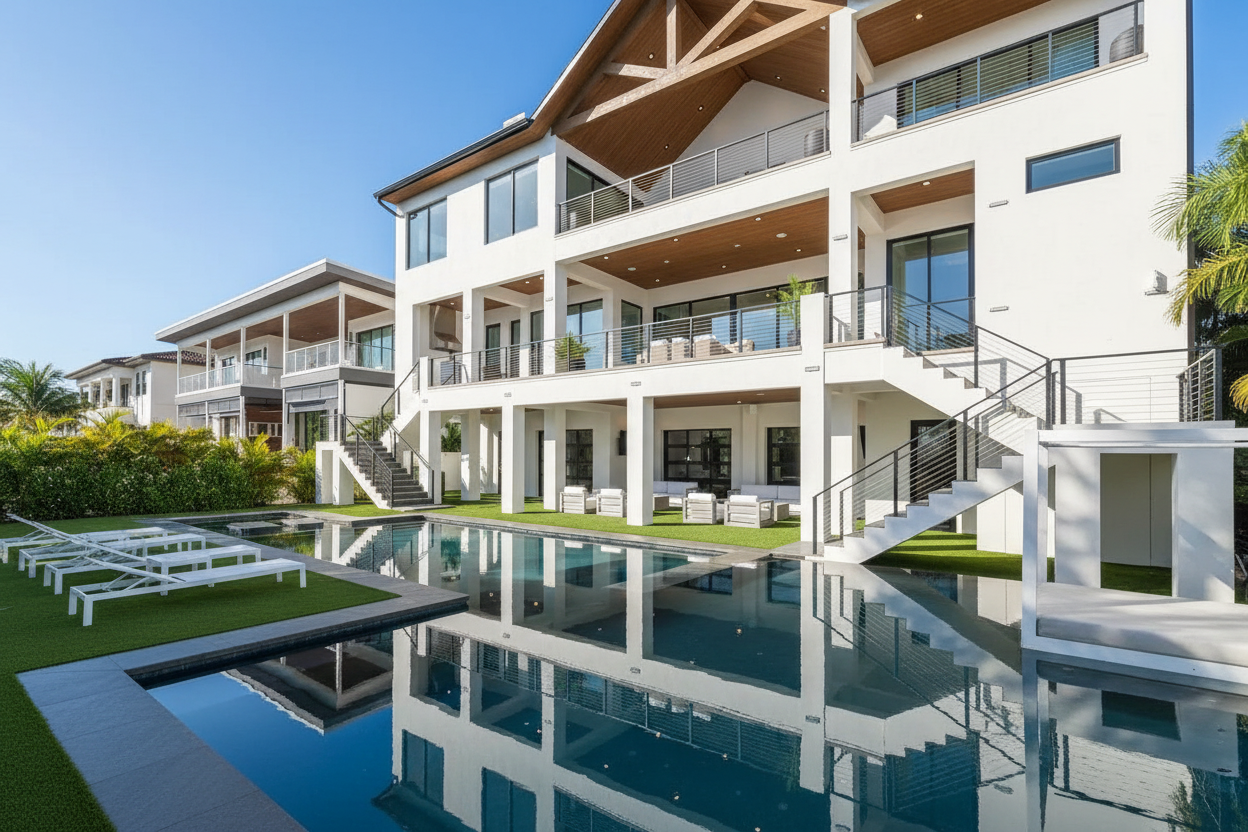 This image showcases a luxurious backyard featuring a stunning pool that reflects the modern architecture of the multi-story house. The pool is surrounded by manicured artificial turf and complemented by sleek, white lounge chairs and a modern cabana. The scene exudes a high-end, resort-like atmosphere, perfect for relaxation and entertainment.