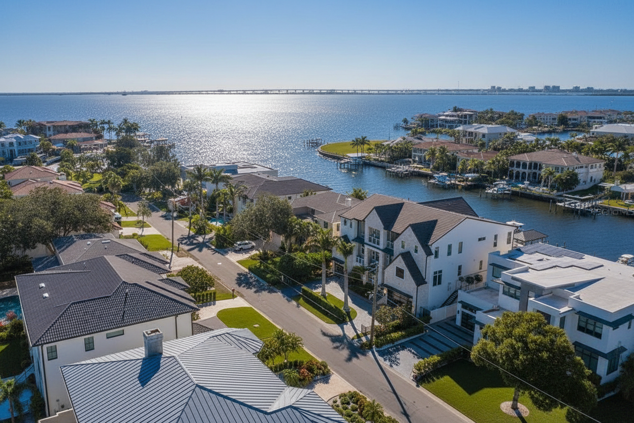 This is an aerial view of a luxury residential neighborhood. The image captures multiple waterfront properties with stunning architectural designs and well-manicured lawns along a canal. A bridge is visible in the distance, adding to the scenic setting.