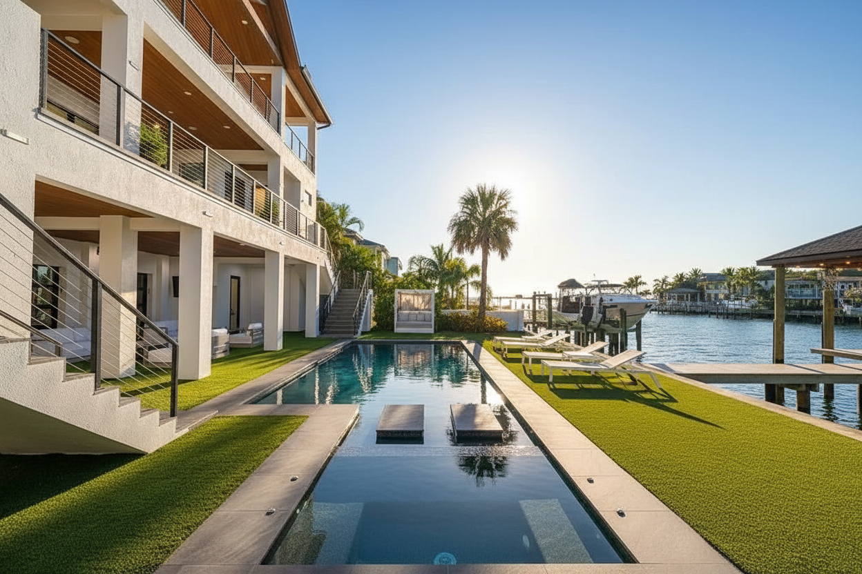 This image showcases the exterior of a stunning waterfront property featuring a modern pool and outdoor living space. The pool area includes a sleek design with lounge chairs, artificial turf, and views of the water and boat dock. The architecture of the home is contemporary with clean lines and multiple balconies overlooking the waterfront.