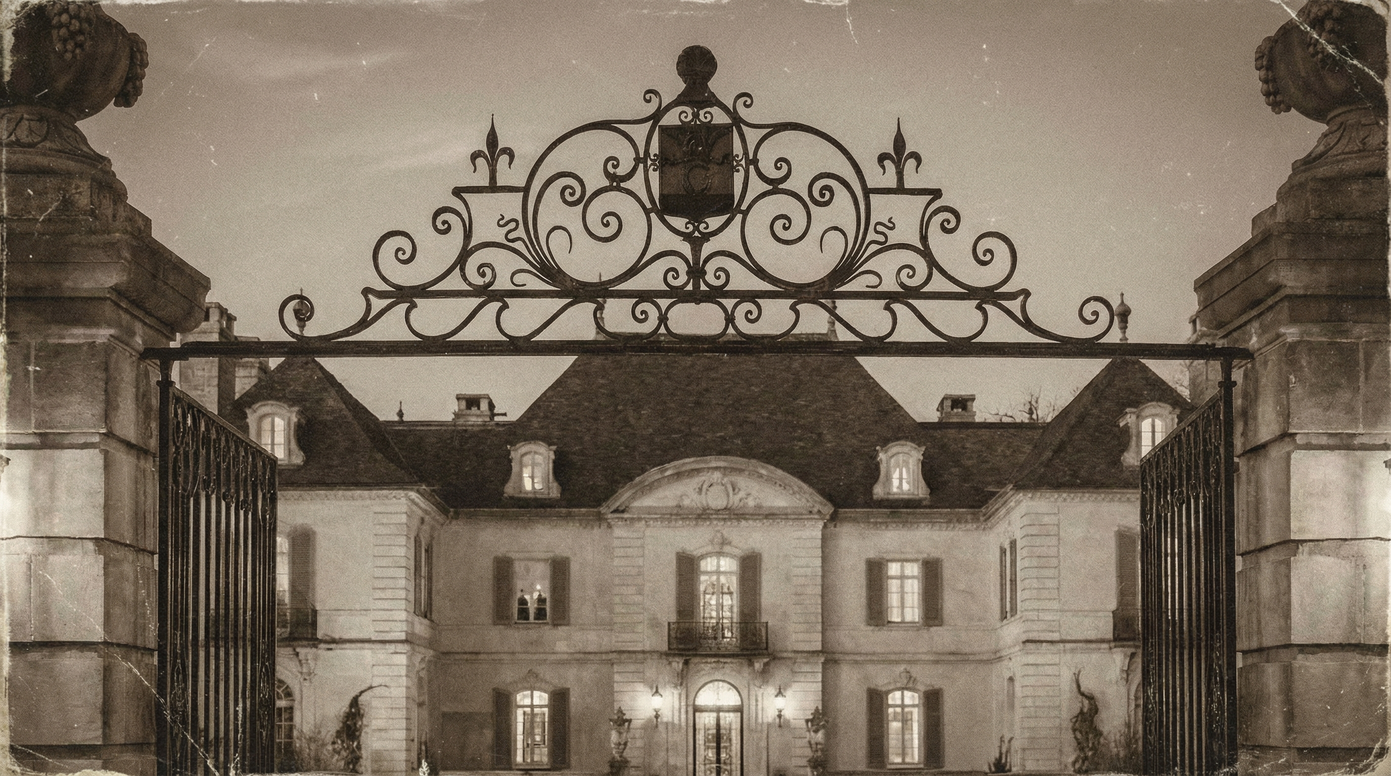 This is an elegant estate, featuring a grand iron gate providing entry to the property. The house displays symmetrical French-inspired architecture with dormer windows, shutters, and a prominent central entrance. The sepia tone and vintage detailing add a touch of old-world charm.