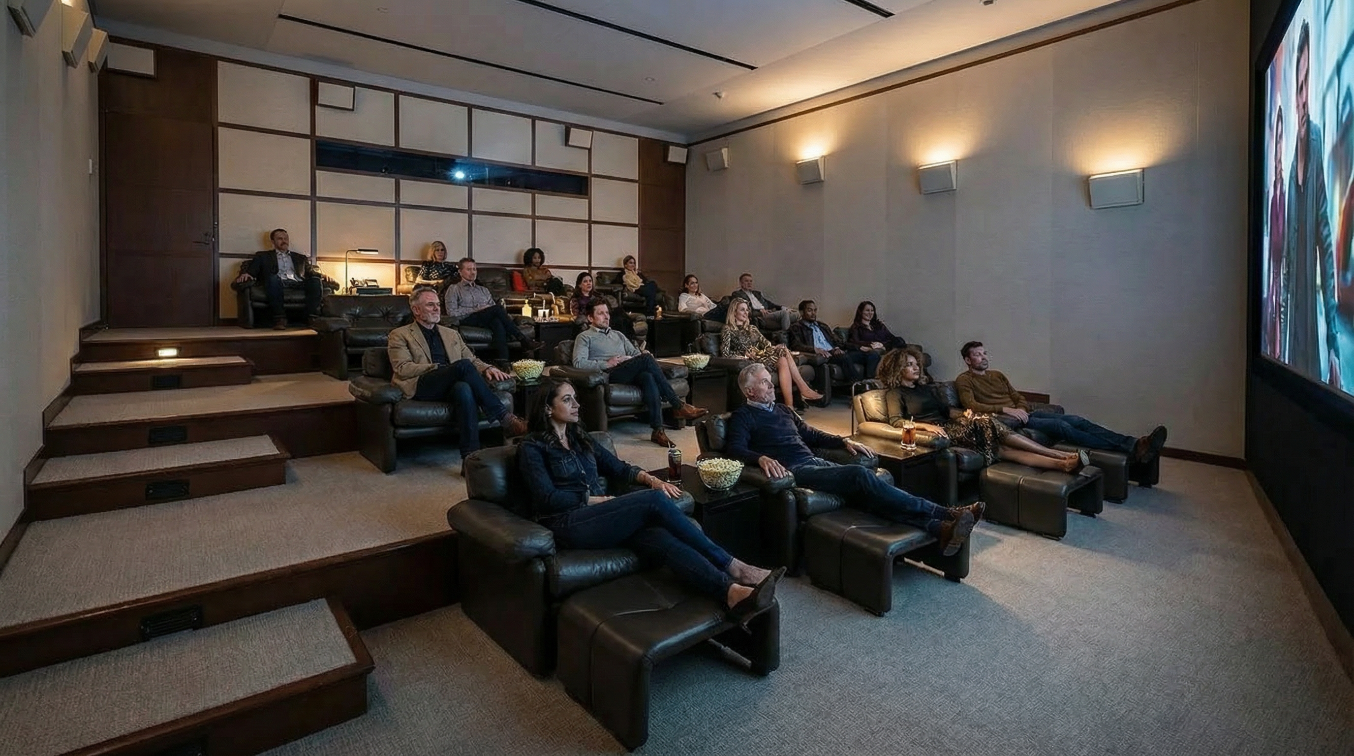 This is a home theater, featuring tiered seating with plush leather recliners. The room has acoustic paneling on the walls and ceiling, recessed lighting, and a large screen for viewing. The space is designed for a comfortable and immersive cinematic experience.