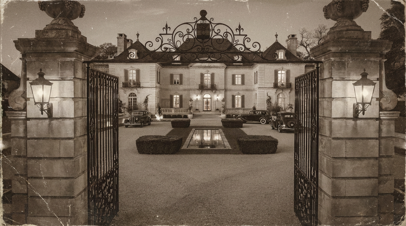 This stately residence is showcased from the front, revealing a grand entrance through wrought iron gates and stone pillars with ornate lighting. The architecture is reminiscent of a European mansion, featuring symmetrically placed windows, dormers, and detailed rooflines. Vintage automobiles parked in the courtyard add a touch of old-world charm and exclusivity.