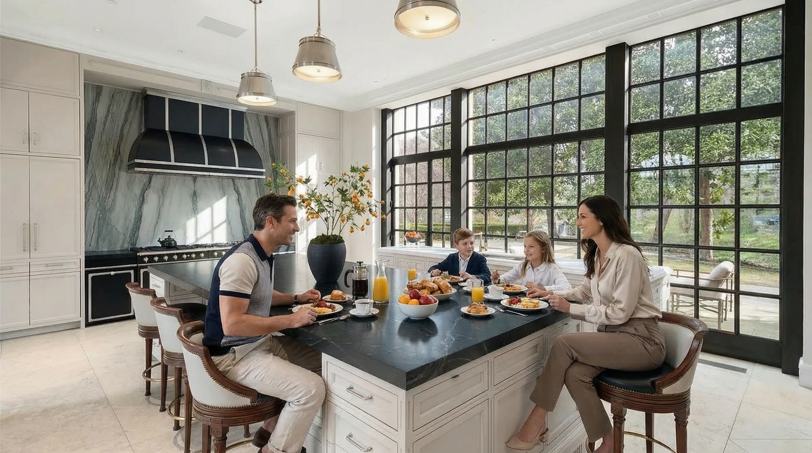 This spacious kitchen features a large central island with a dark countertop and ample seating. The room is filled with natural light from large windows showcasing the property's exterior. The kitchen is well-appointed with high-end appliances and custom cabinetry, creating a luxurious and functional space.