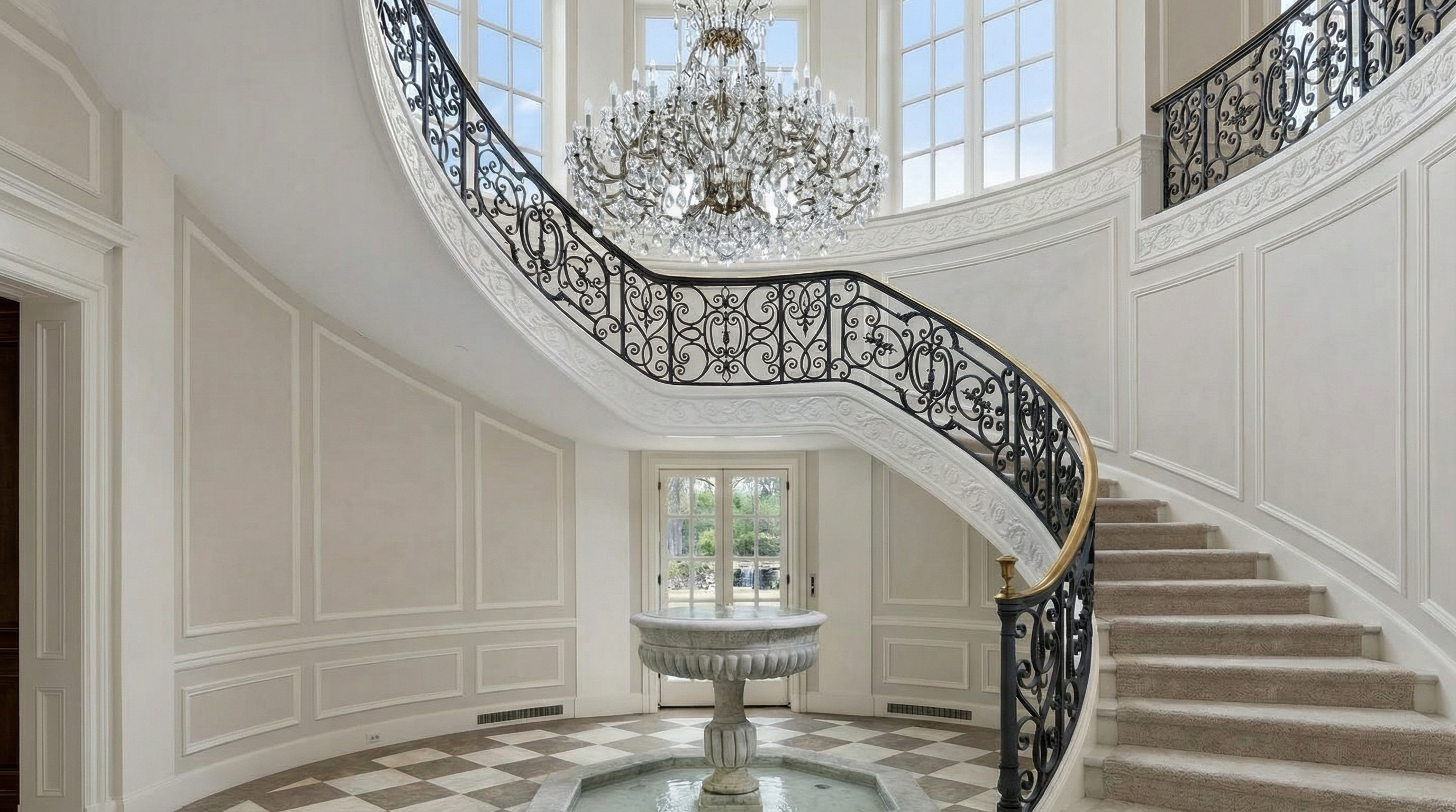 This grand foyer highlights a curved staircase with ornate iron railings and a large crystal chandelier. The elegant space features classic architectural details such as paneled walls and a marble tile floor with a contrasting checkered pattern. A central fountain adds a touch of luxury and sophistication to the entryway.