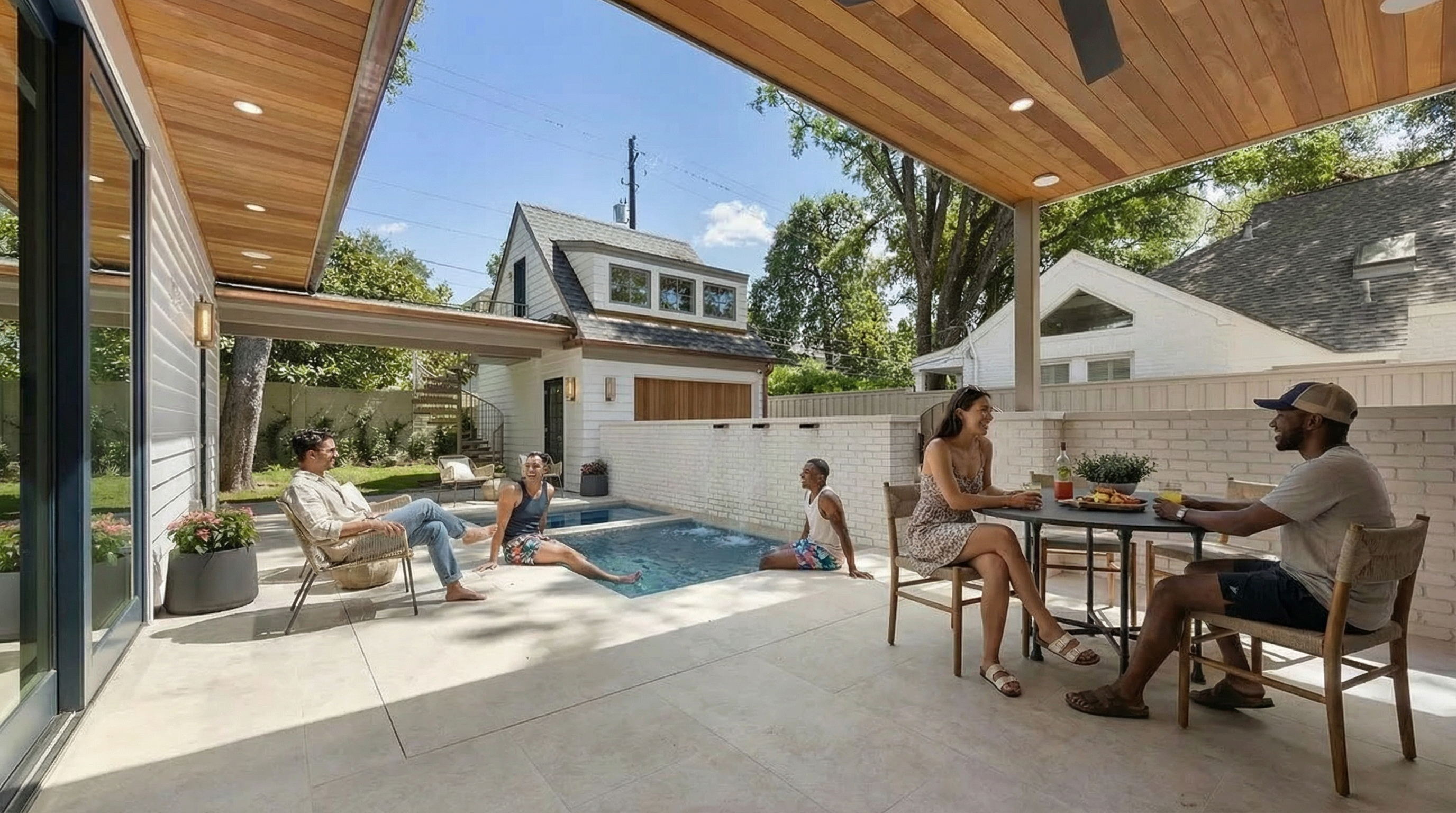 This image showcases a stylish outdoor patio area. The space includes a small pool, comfortable seating, and a dining area, creating an inviting atmosphere for relaxation and entertainment. The wood ceiling and modern patio furniture add a touch of sophistication to the outdoor living space.