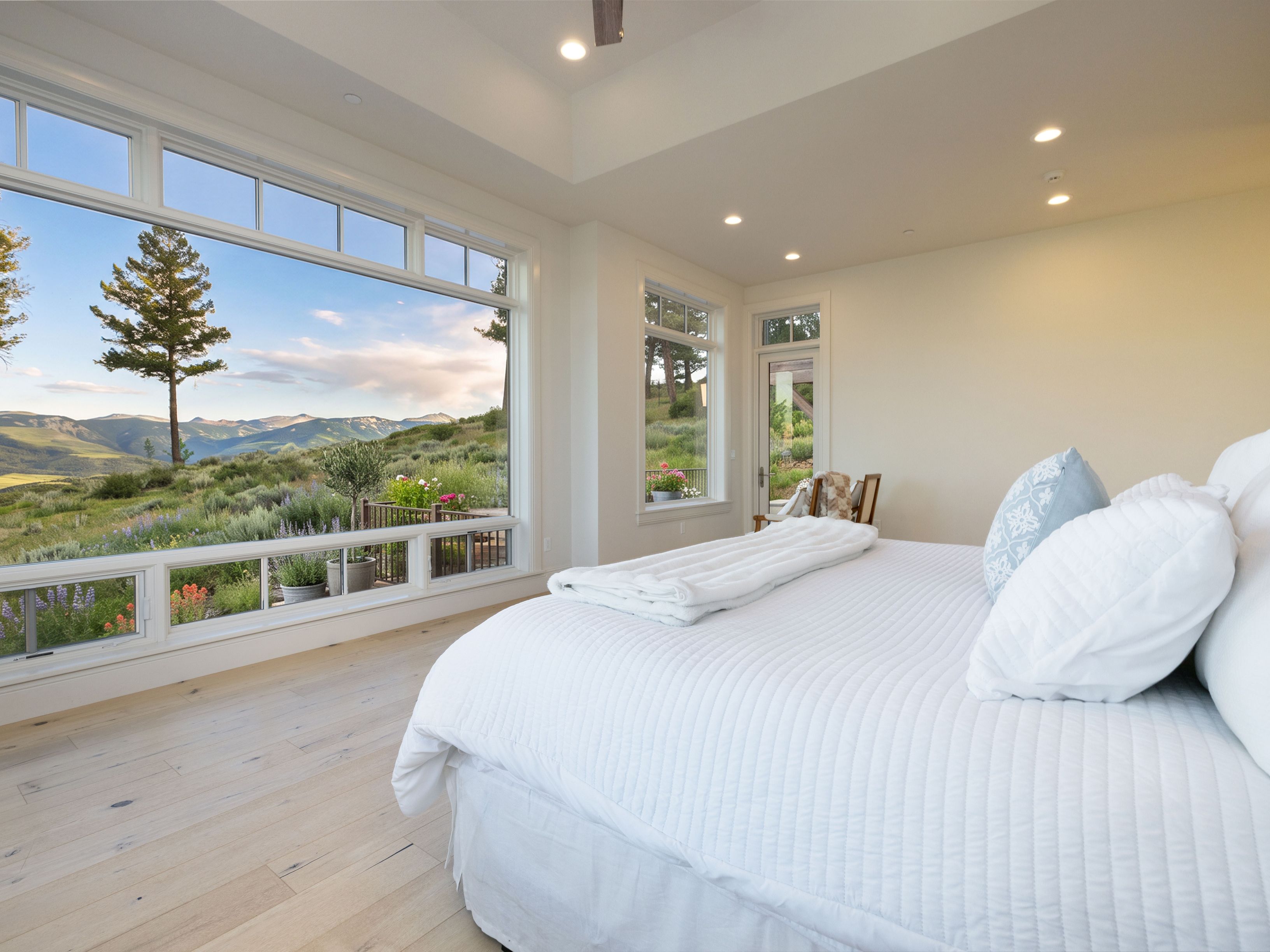 This spacious primary bedroom features a large wall of windows providing panoramic, breathtaking views of the surrounding mountains and natural landscape. The room is decorated in a crisp, minimalist style with light hardwood floors, white bedding, and high ceilings that enhance the airy, serene atmosphere. A glass door off to the side offers seamless access to the outdoors, completing the luxurious and tranquil retreat feel.