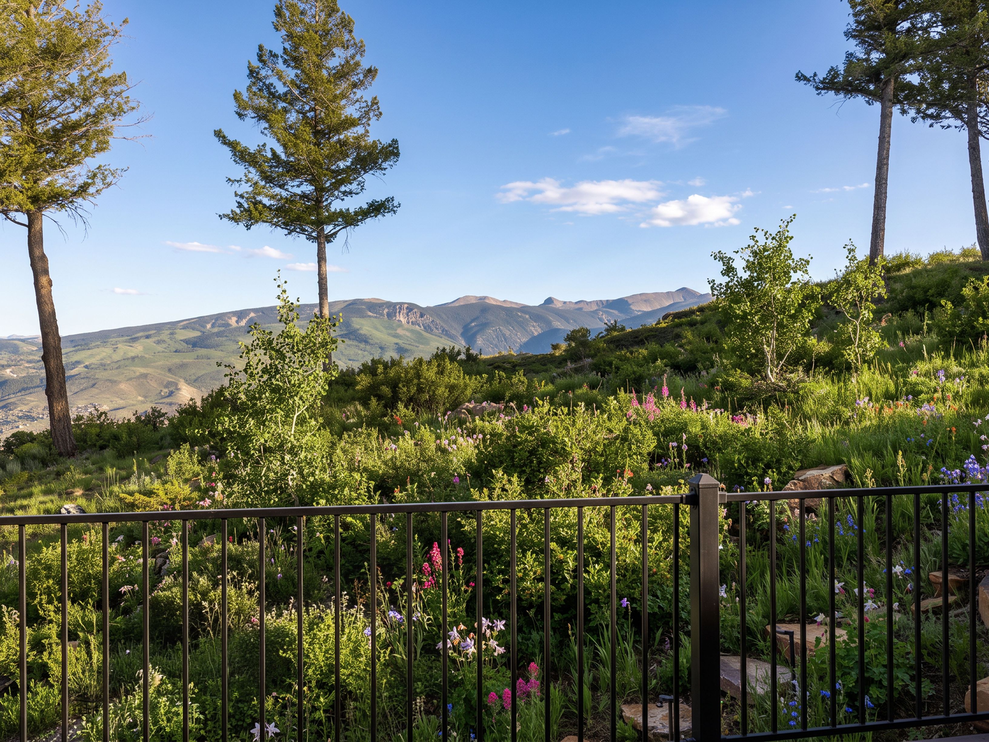 This elevated outdoor vantage point features a dark metal railing overlooking a lush, sloped garden filled with wildflowers and native shrubs. The setting offers expansive, panoramic views of rolling mountain ranges and a clear blue sky, creating a tranquil and scenic atmosphere. It is an ideal space for enjoying the surrounding natural beauty and peaceful landscape.