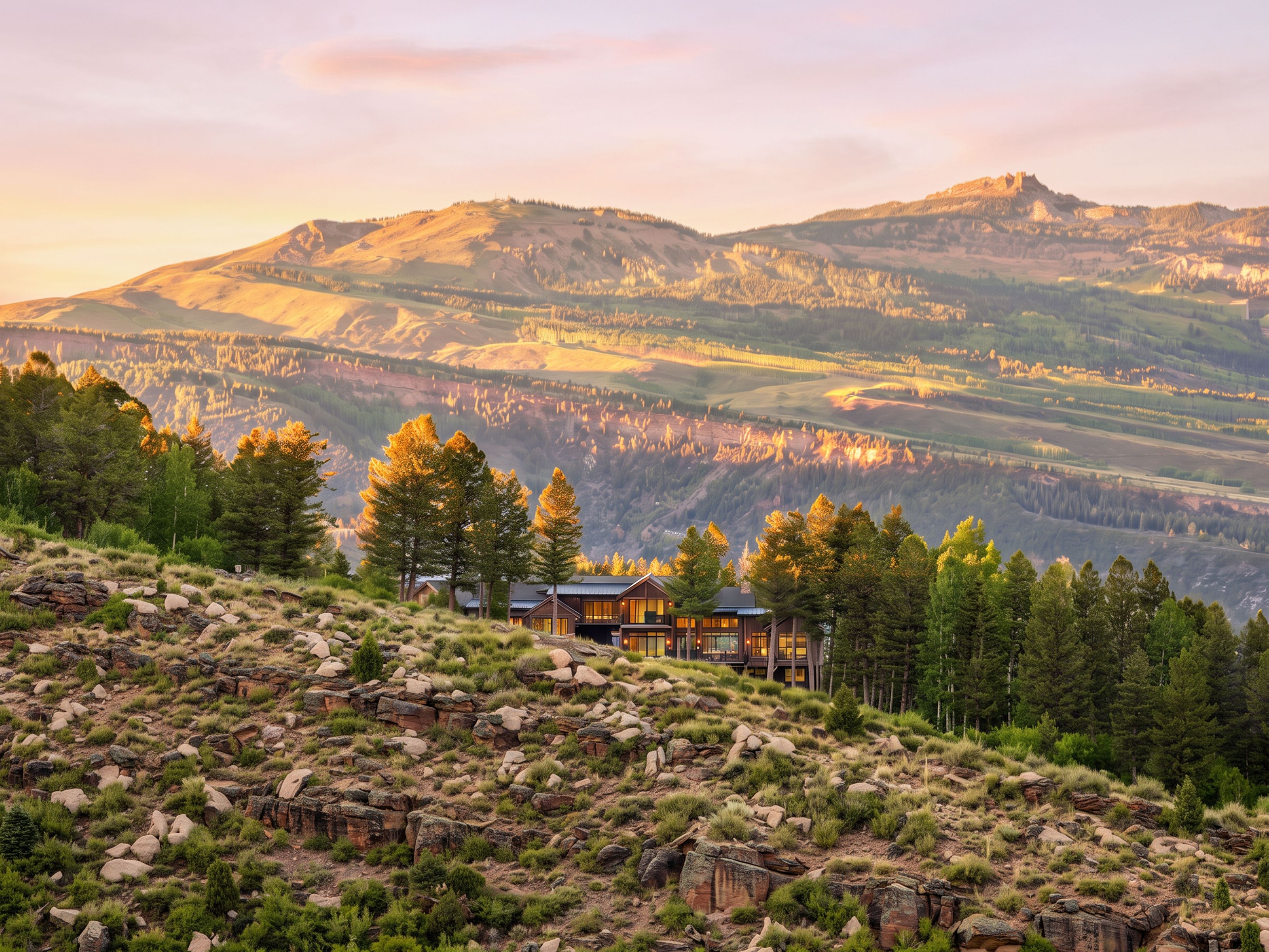 This stunning mountain estate showcases a contemporary architectural design, beautifully integrated into its natural, elevated landscape. Large, floor-to-ceiling windows on the home's facade capture the golden hour light, reflecting the surrounding coniferous forest and expansive valley views. The property offers a serene and luxurious setting, perfectly blending modern luxury with a dramatic, rugged mountain backdrop.