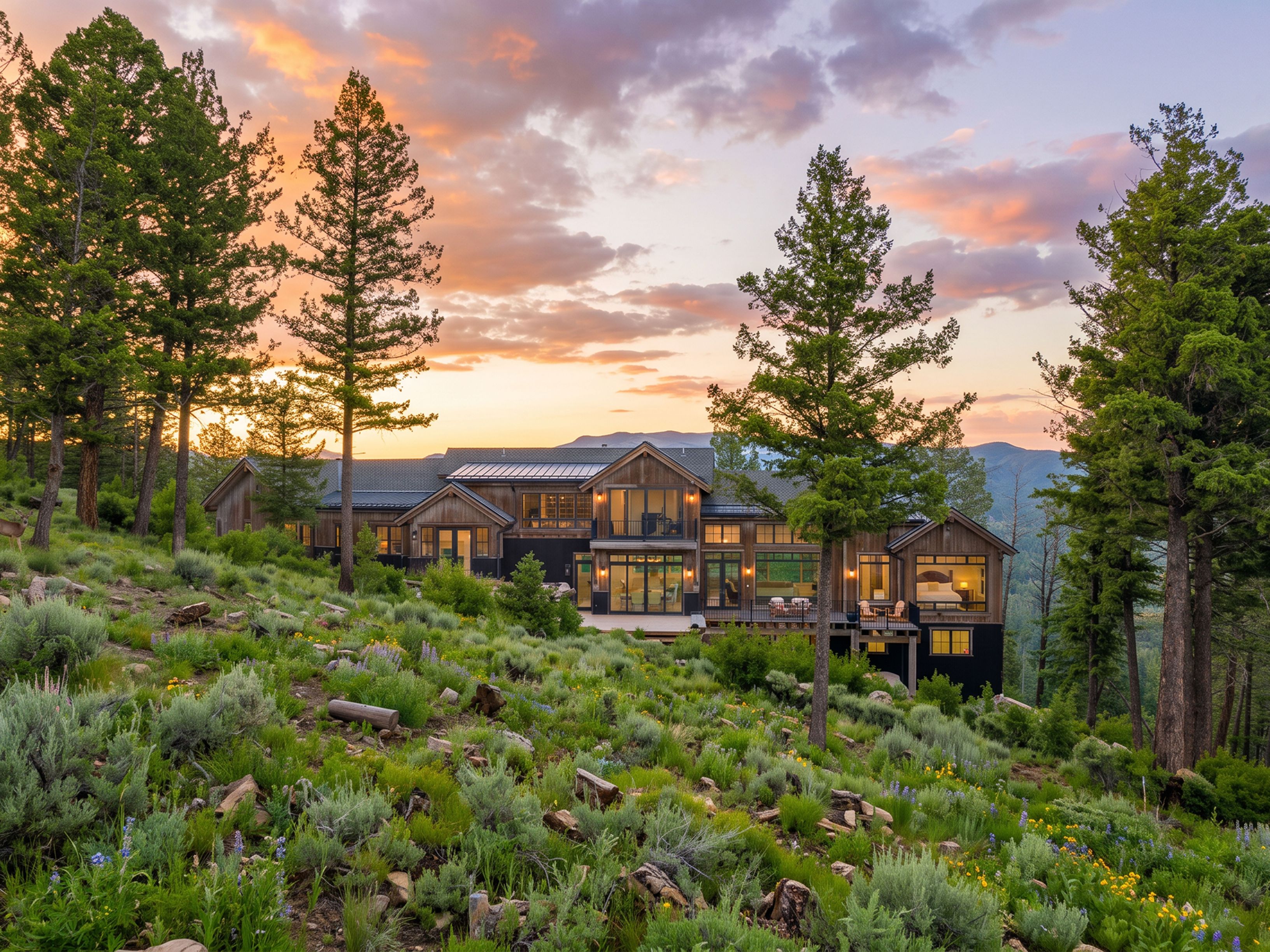 This stunning contemporary mountain home is situated on a sloped, natural landscape, showcasing expansive windows that capture panoramic sunset views. The exterior blends rustic wood siding with dark trim, featuring multiple levels of decks and patios designed for seamless indoor-outdoor living. Surrounded by lush greenery and towering pine trees, the architecture provides a sophisticated and serene residential retreat.
