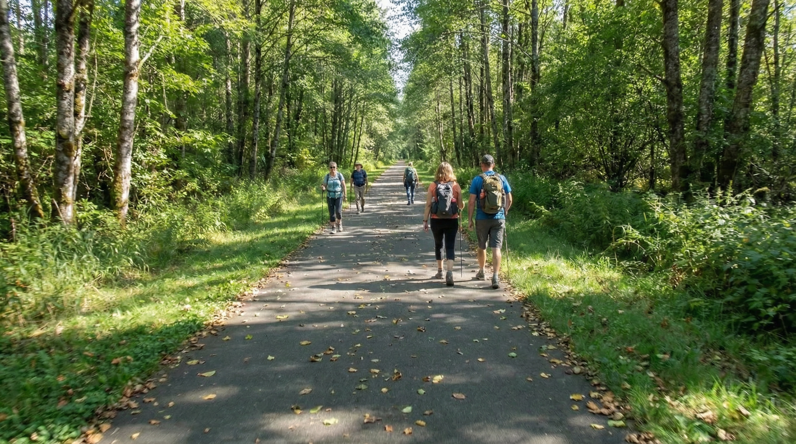 The image captures a well-maintained trail or walkway, lined with lush trees, suggesting a community park or recreational area. Several pedestrians are seen enjoying the path, emphasizing the area's appeal for outdoor activities and healthy living. The presence of the smooth paved pathway amid natural greenery indicates a desirable community amenity.