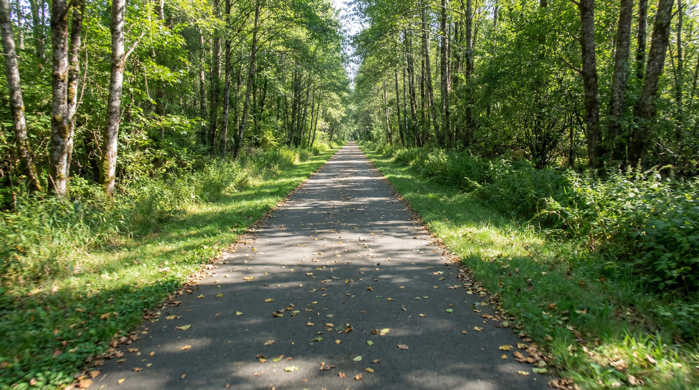 A straight, paved trail stretches into the distance, framed by lush green trees on either side. The path is speckled with fallen leaves, suggesting a peaceful and well-maintained outdoor space. The image conveys a sense of natural beauty and recreational opportunity, suitable for walking, biking, or enjoying nature.
