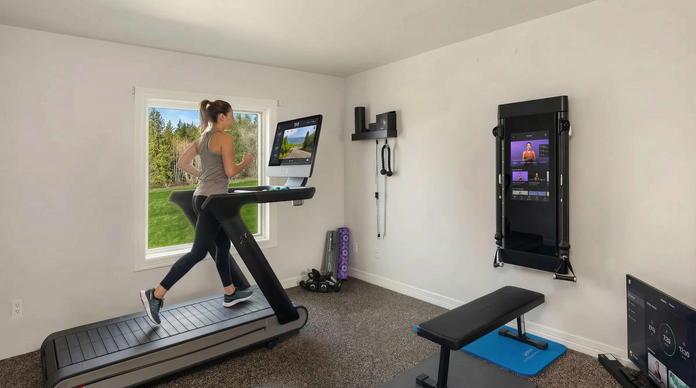 This is an indoor home gym featuring a treadmill with an integrated screen, and a wall-mounted exercise system. The room also includes free weights, yoga mats, and a workout bench. The space appears well-equipped and provides a dedicated area for fitness within the home.