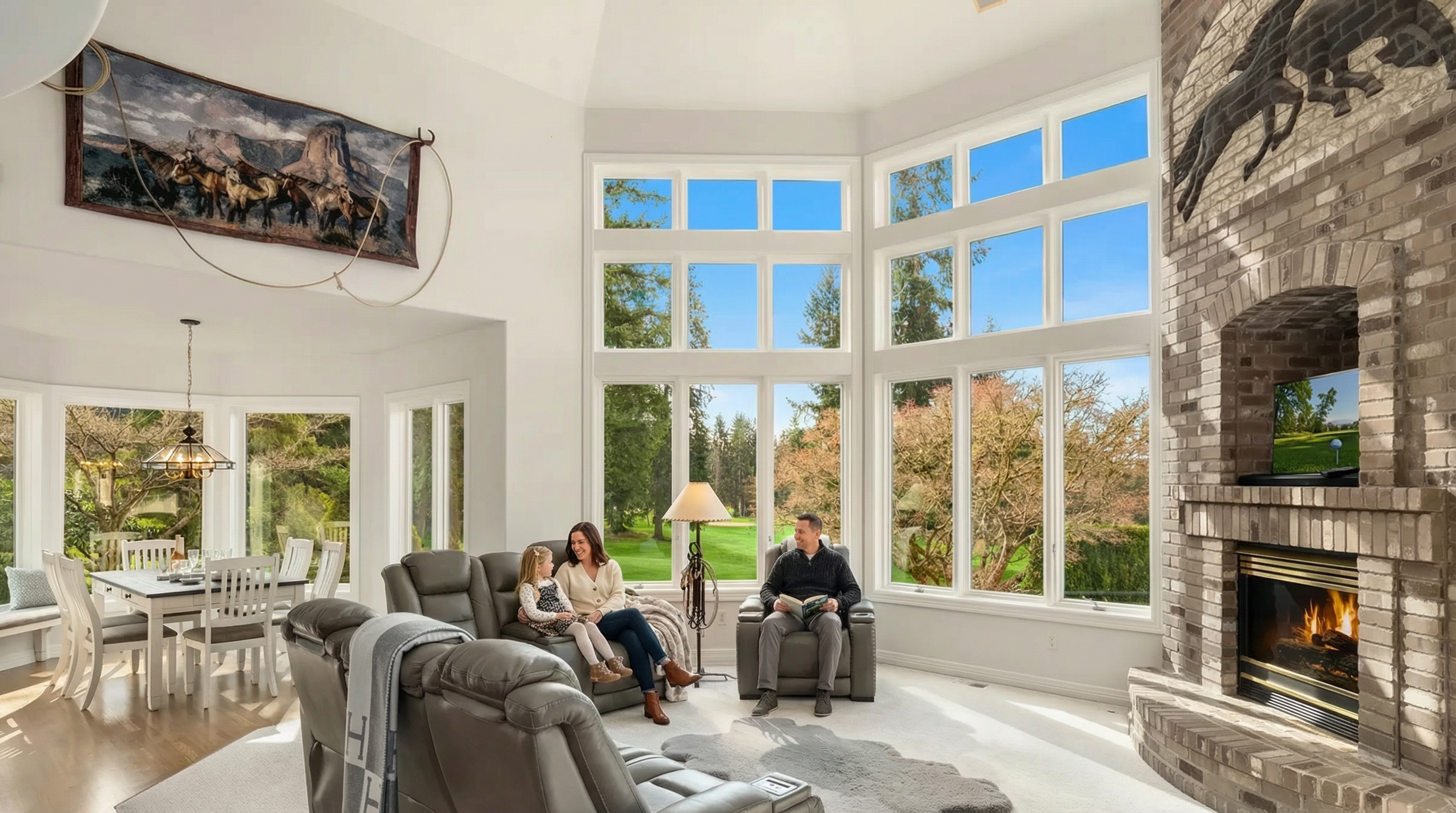 This is an inviting living room with large windows that flood the space with natural light, offering views of the surrounding landscape. The room features comfortable leather seating around a neutral-toned rug, complemented by a brick fireplace with a contemporary TV above. An adjacent dining area is visible, enhancing the open-concept feel of the living space.