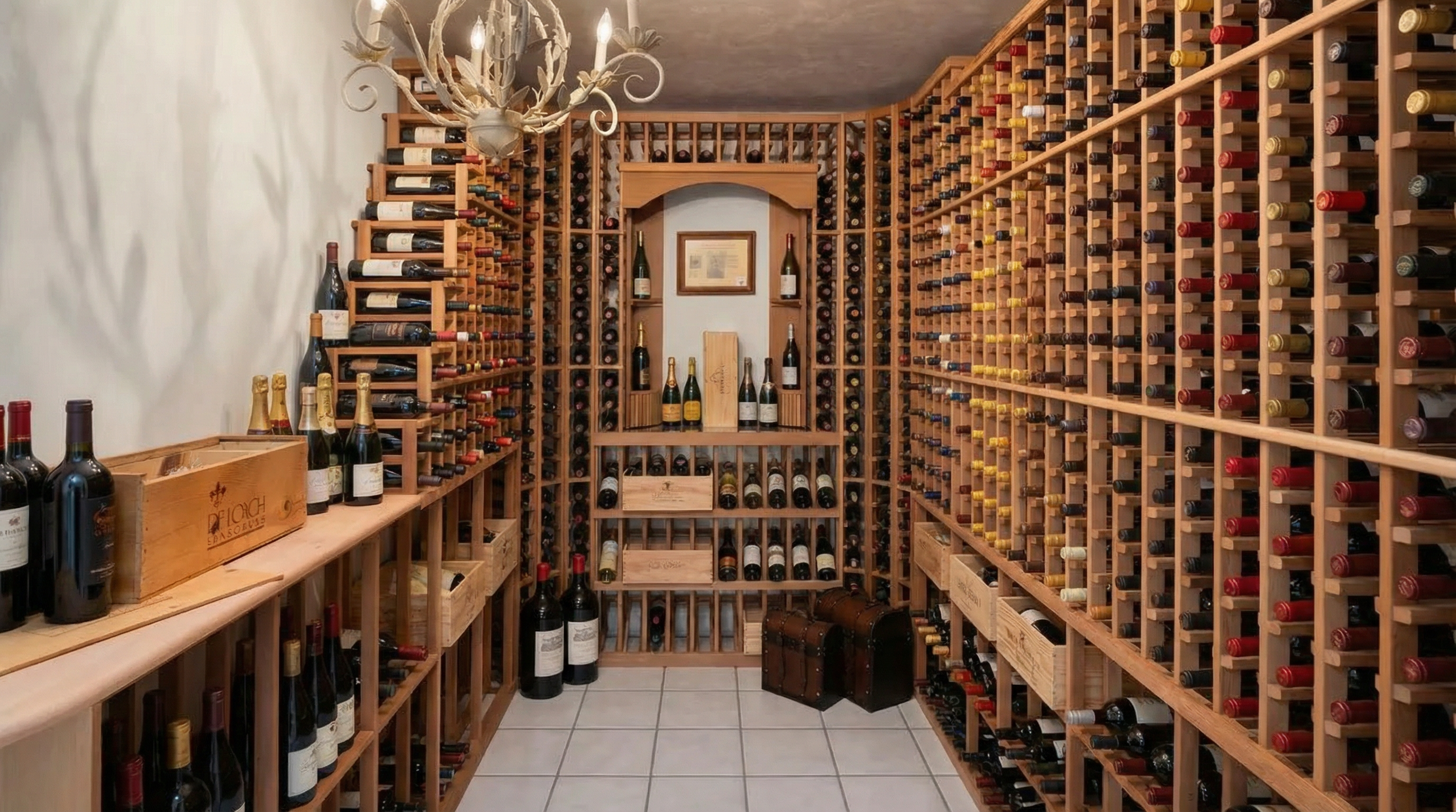 This is an interior shot of a well-stocked wine cellar. The walls are lined with wooden racks that securely hold rows of wine bottles. A decorative chandelier hangs above, adding a touch of elegance to the space.