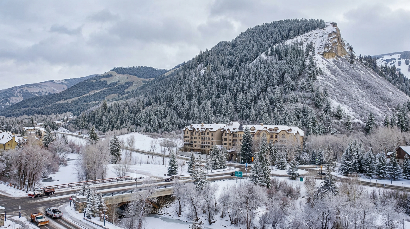 This stunning aerial view captures a luxury resort-style building nestled at the base of a snow-capped mountain range. The scene features a bridge crossing a partially frozen creek, framing a picturesque winter landscape surrounded by dense, frost-dusted evergreen forests. The area has a serene, exclusive atmosphere, perfectly positioned for winter recreation and scenic mountain living.