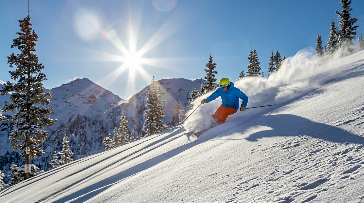 This image depicts a professional skier carving through fresh powder on a sun-drenched mountain slope, highlighting the outdoor recreation potential of a mountainous lifestyle. The backdrop features dramatic, snow-capped peaks and evergreen trees, emphasizing prime access to high-altitude wilderness areas. This type of imagery is often used in real estate listings to showcase the luxurious ski-in/ski-out access and lifestyle amenities associated with premium resort-area properties.
