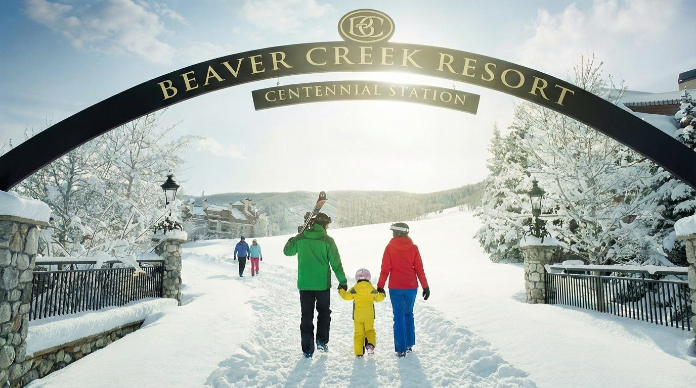This image showcases the picturesque arrival experience at Beaver Creek Resort, featuring a prominent, arched stone-supported gateway marked 'Centennial Station'. A family is walking along a snow-covered path towards the resort buildings, framed by winter landscaping and mountain terrain. The scene captures an inviting, upscale alpine aesthetic typical of a premier ski destination.