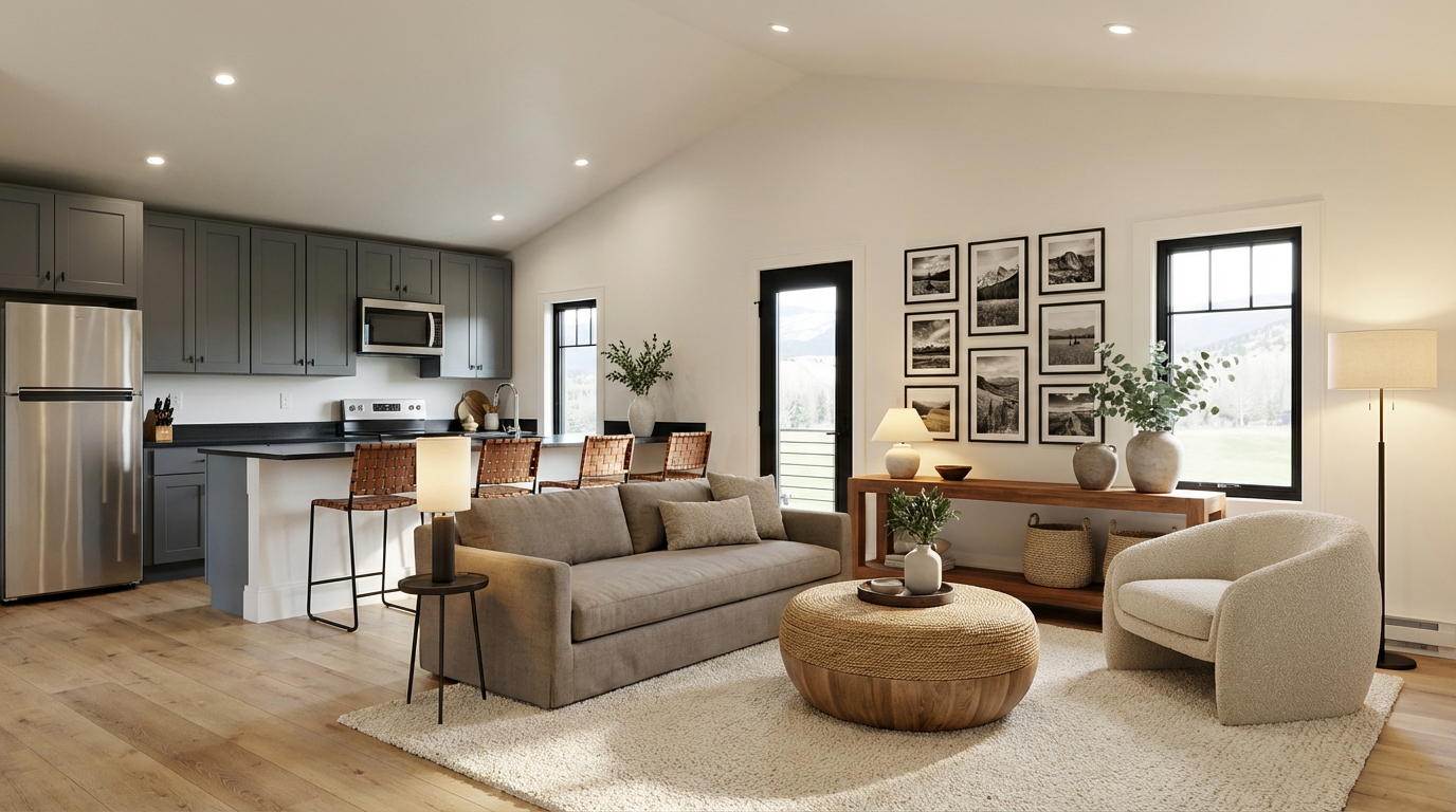 This is an inviting living room that showcases a modern, open-concept design. The space features neutral tones, a comfortable sofa, and a textured area rug, creating a warm and welcoming atmosphere. A kitchen area is visible in the background, highlighting a seamless flow between living and dining spaces.