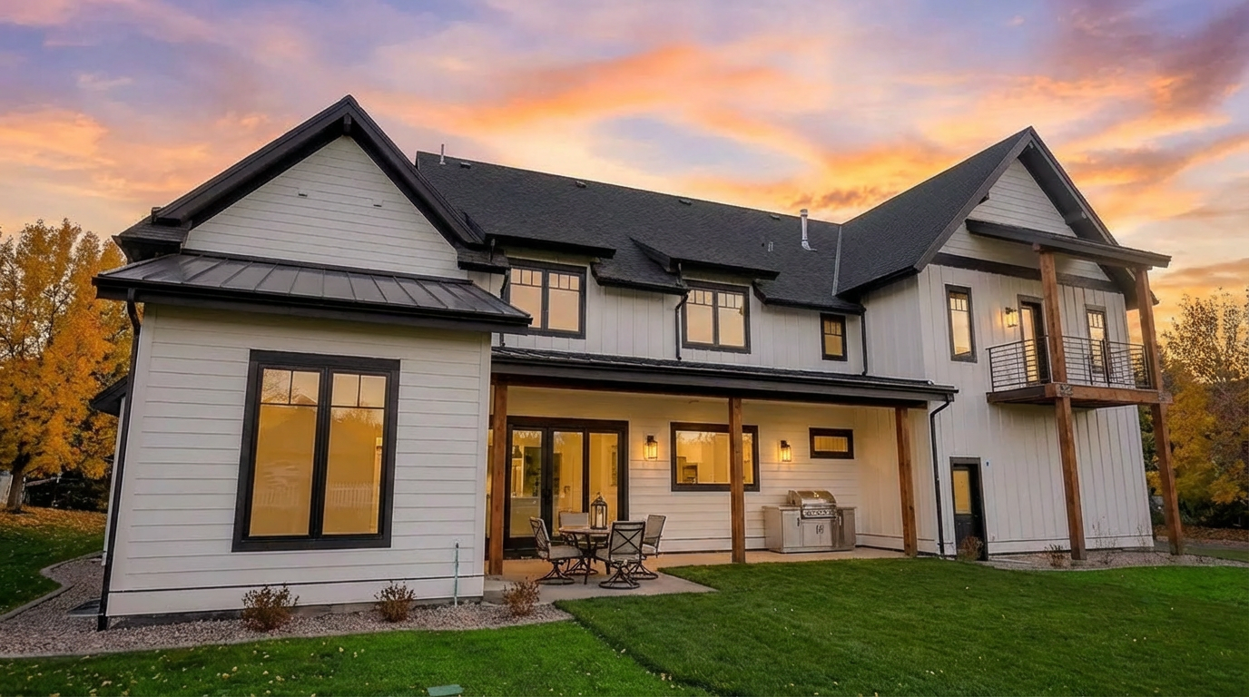 This image shows the rear exterior of a modern farmhouse-style home under a vibrant sunset sky. The house features white siding with black window frames and a dark roof. A covered patio with outdoor seating and a grill, along with a second-story balcony, enhances the outdoor living space. The well-maintained lawn and landscaping add to the property's appeal.