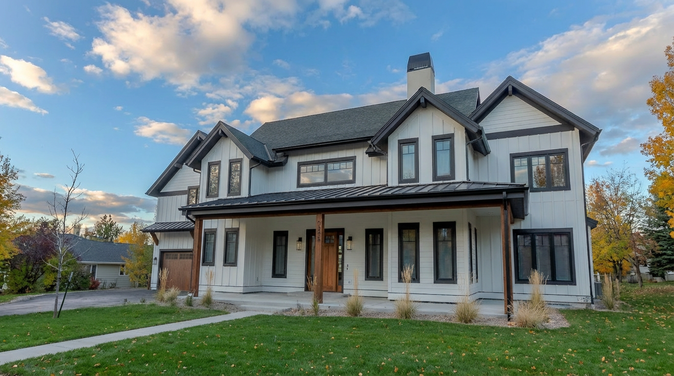 This is a front view of a modern farmhouse-style home. The exterior features white vertical siding with black trim around the windows and roofline. A covered porch with wooden support beams spans the front of the house, adding curb appeal. The well-maintained lawn and landscaping contribute to the inviting appearance.