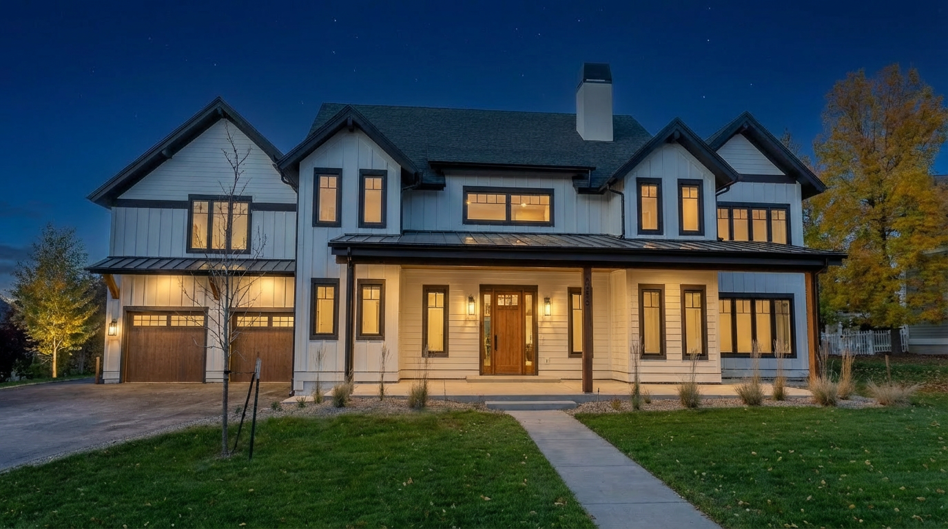 This is a front view of a two-story, modern farmhouse-style home. It features white siding with black trim, a covered front porch, and a well-manicured lawn. The home has multiple windows allowing ample natural light into property. A two-car garage is visible on the left side of the house.