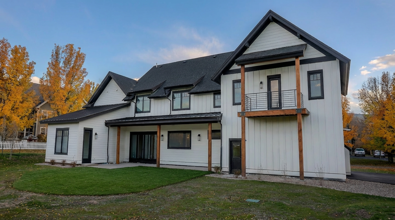 This image showcases the rear exterior of a modern farmhouse-style home. The house features white siding with black trim, a dark roof, a balcony, and wood support posts. The landscape includes a green lawn and mature trees, suggesting a well-maintained property.