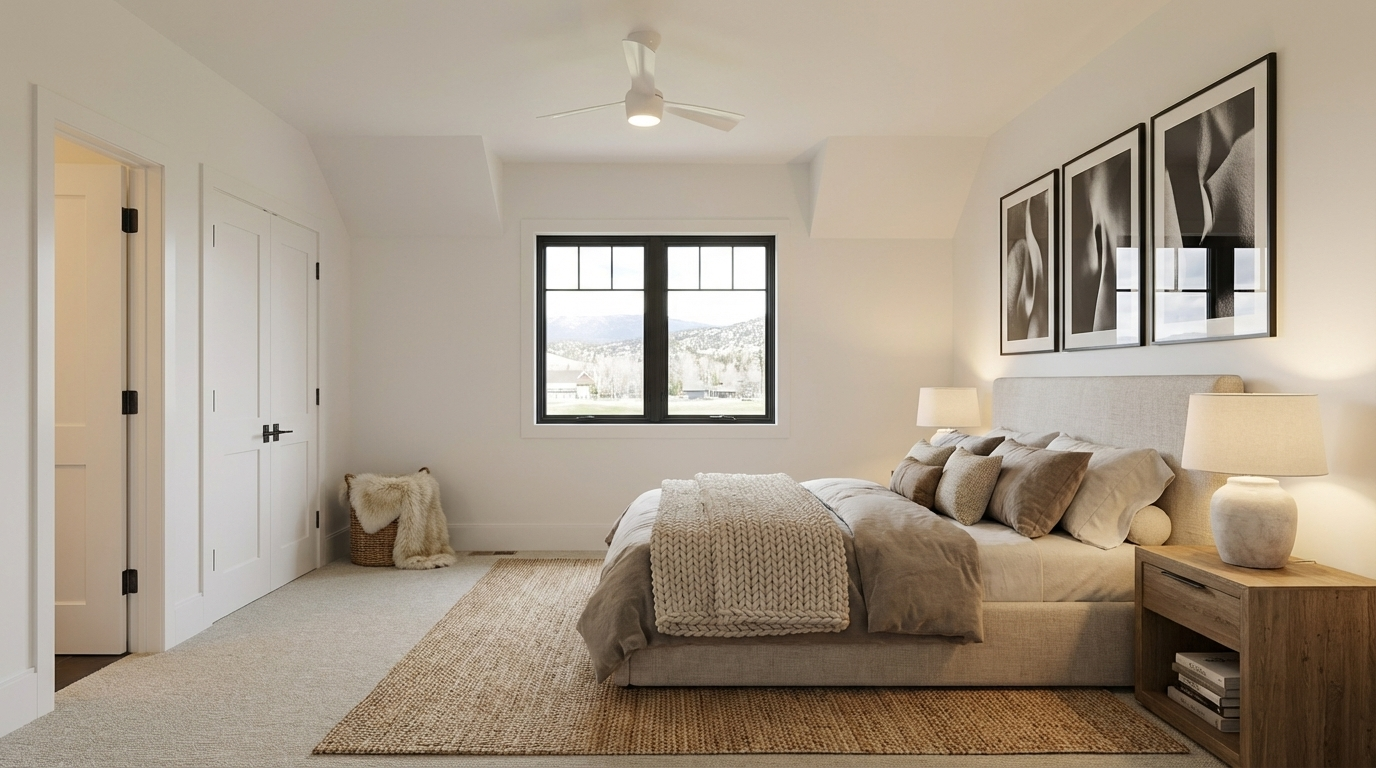 This bedroom features a neutral color palette and a minimalist design. The room is well-lit by natural light streaming through a large window, complemented by stylish lamps on the nightstand. Artwork above the bed adds a touch of sophistication, creating a serene and inviting atmosphere.
