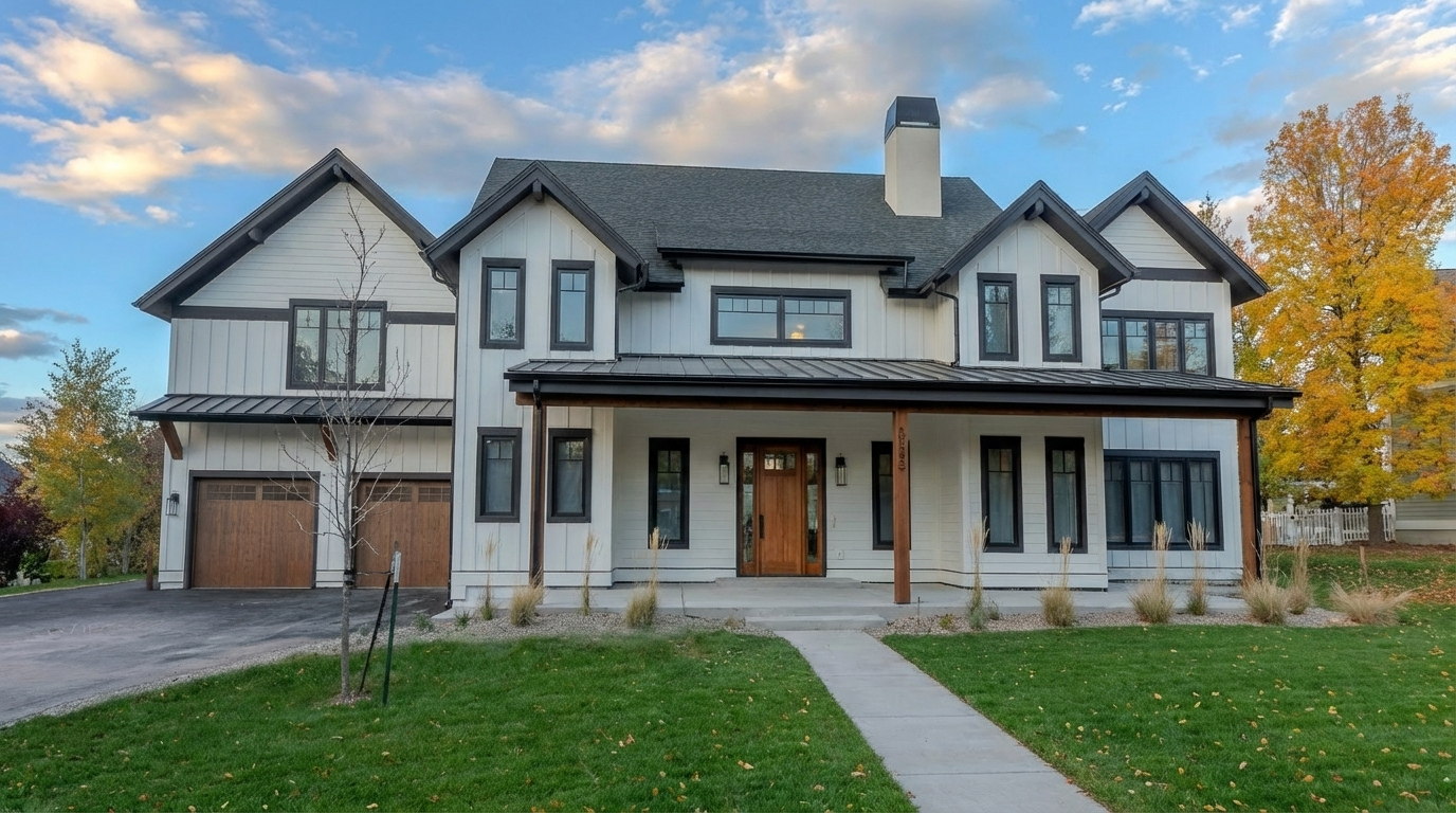This is a front exterior view of a modern farmhouse-style home. The house features white board and batten siding with black trim around the windows and roofline, a covered front porch with wooden support beams, and a symmetrical facade. The manicured lawn and professional landscaping enhance the curb appeal, creating an inviting and upscale impression.
