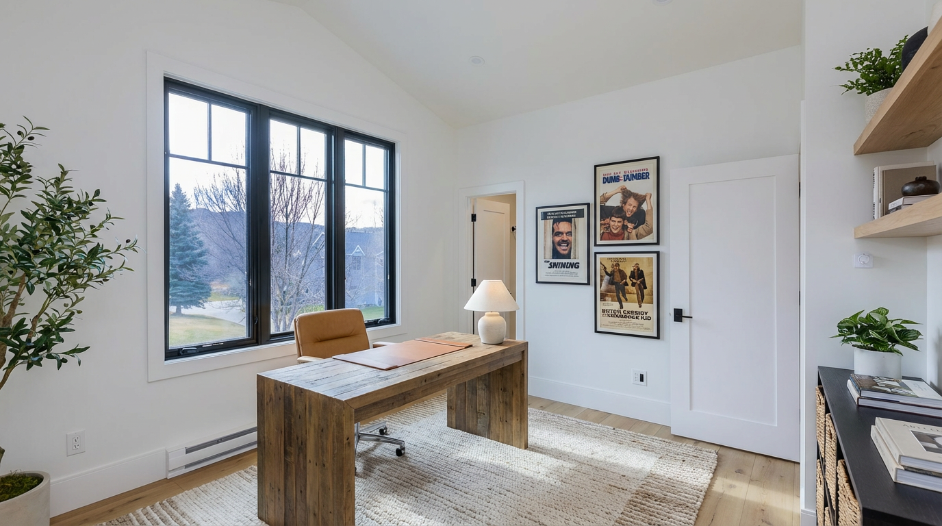The image showcases a bright and modern home office. Key features include a rustic wooden desk, a large window providing natural light, and film posters adorning the wall, adding character and interest. The neutral color palette and minimalist decor create a clean and inviting workspace.