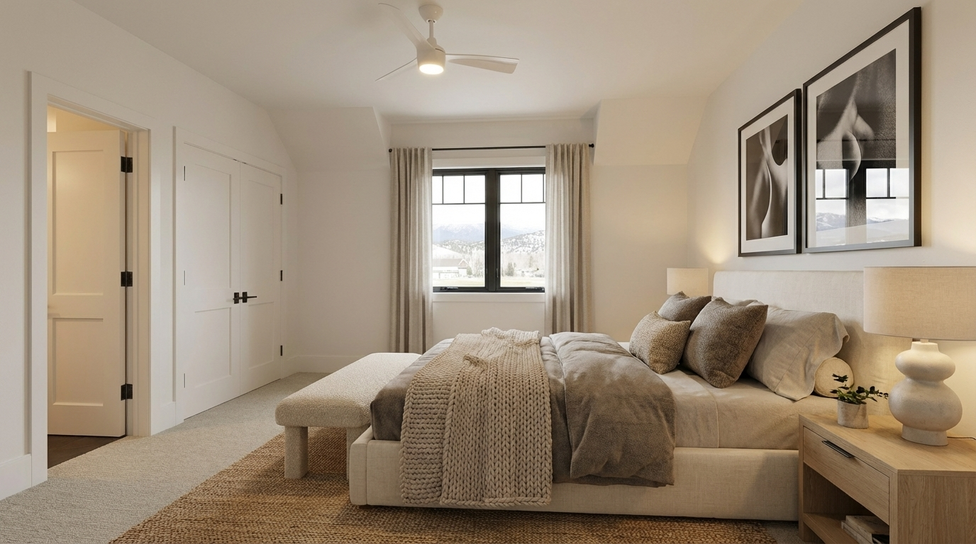 This is a well-lit primary bedroom featuring a neutral color palette, carpet flooring, and a large bed with multiple pillows and a throw blanket. The room boasts decorative wall art and a nightstand with a table lamp and a small plant. A bench is placed at the foot of the bed, adding to the room's comfort and style.