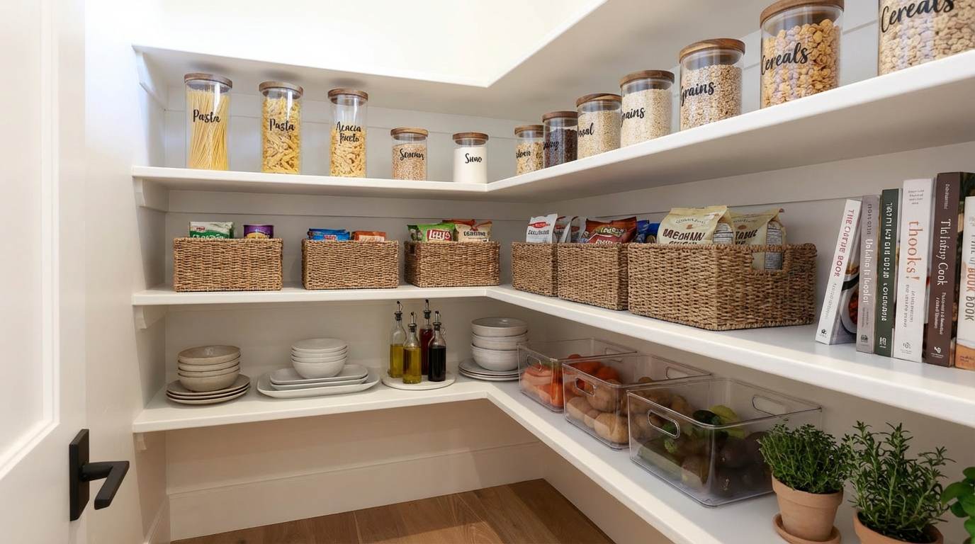 The image showcases a well-organized pantry with white shelving. Various food items are neatly arranged in glass jars and wicker baskets, creating a clean and functional space. The pantry's design maximizes storage and contributes to a tidy, modern aesthetic.