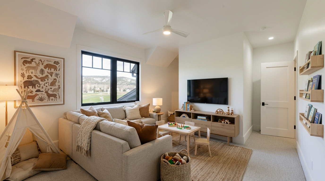 This bright and airy living room features a cozy seating area with a sectional sofa, a modern entertainment center, and a large window showcasing a pleasant outdoor view. The room is designed with neutral tones and natural textures, creating a warm and inviting atmosphere. The presence of a children's play area suggests a family-friendly space.