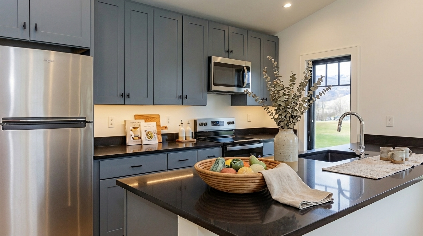 This interior shot showcases a well-lit kitchen with gray cabinetry and black countertops. A stainless steel refrigerator is visible, and modern appliances blend seamlessly into the design. The kitchen features a window overlooking the outdoors, and a vase of greenery adds a touch of freshness.
