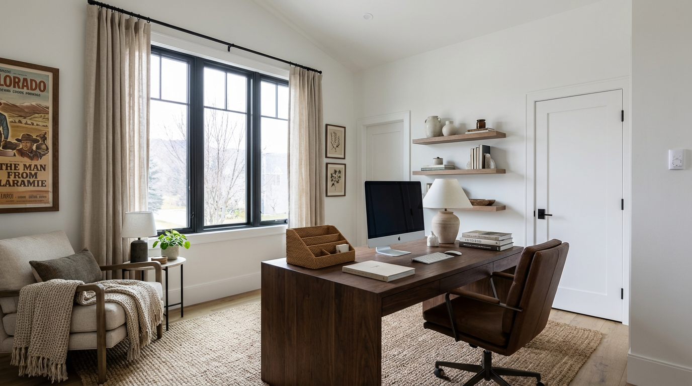 This is an interior shot of a home office. The space features a large wooden desk, a comfortable leather chair, and built-in shelving for storage, suggesting functionality. Natural light floods the space through a large window, complemented by neutral tones create a serene work environment, making it a desirable feature for potential buyers.