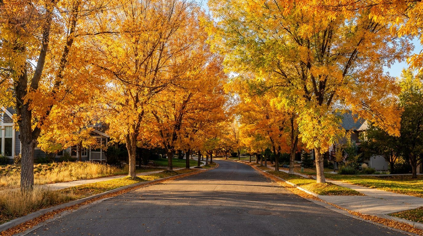 A picturesque street scene in autumn, showcasing a tree-lined road with houses set back on either side. The trees are ablaze with vibrant golden and yellow foliage, creating a warm and inviting atmosphere. The neatly manicured lawns and sidewalks add to the curb appeal of this desirable neighborhood.